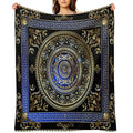 Greek Key Meander Black Blue Gold Ornate Medallion Easy Care Throw Blanket