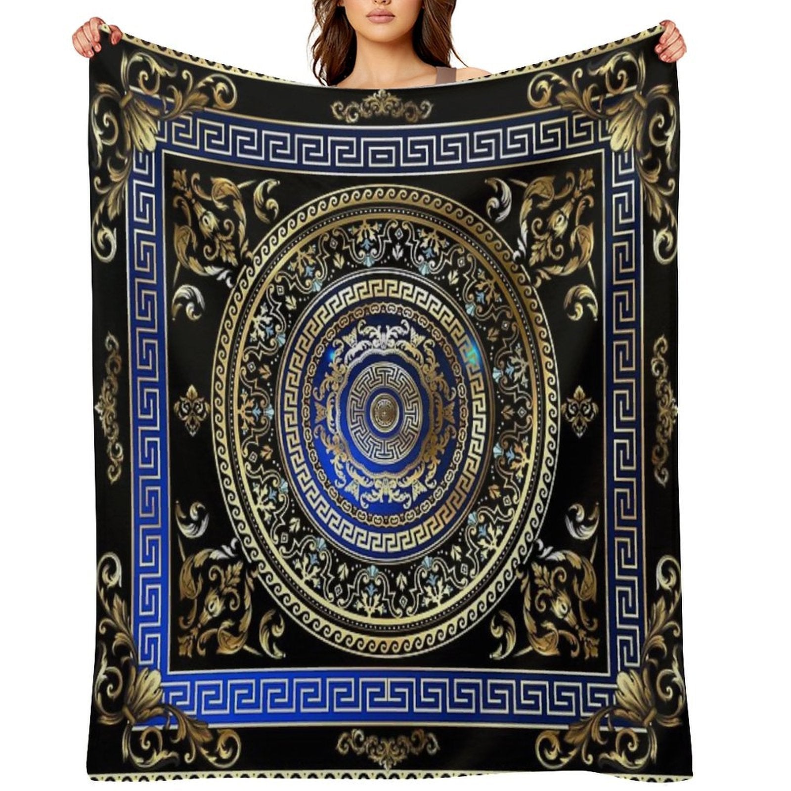 Greek Key Meander Black Blue Gold Ornate Medallion Easy Care Throw Blanket