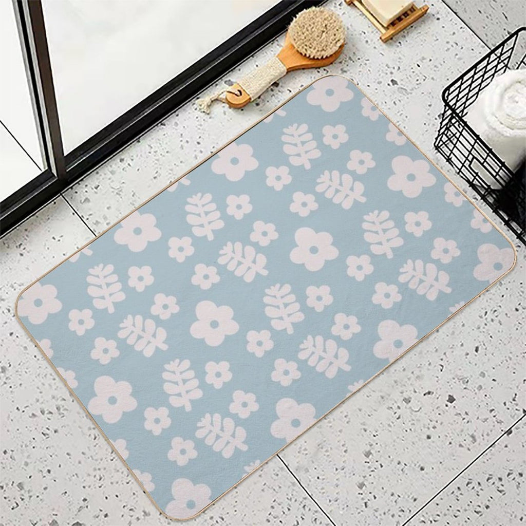 Mid Century Modern Flowers & Leaves, Cute Retro Pattern, Sky Blue  Easy Maintenance Bath Mat