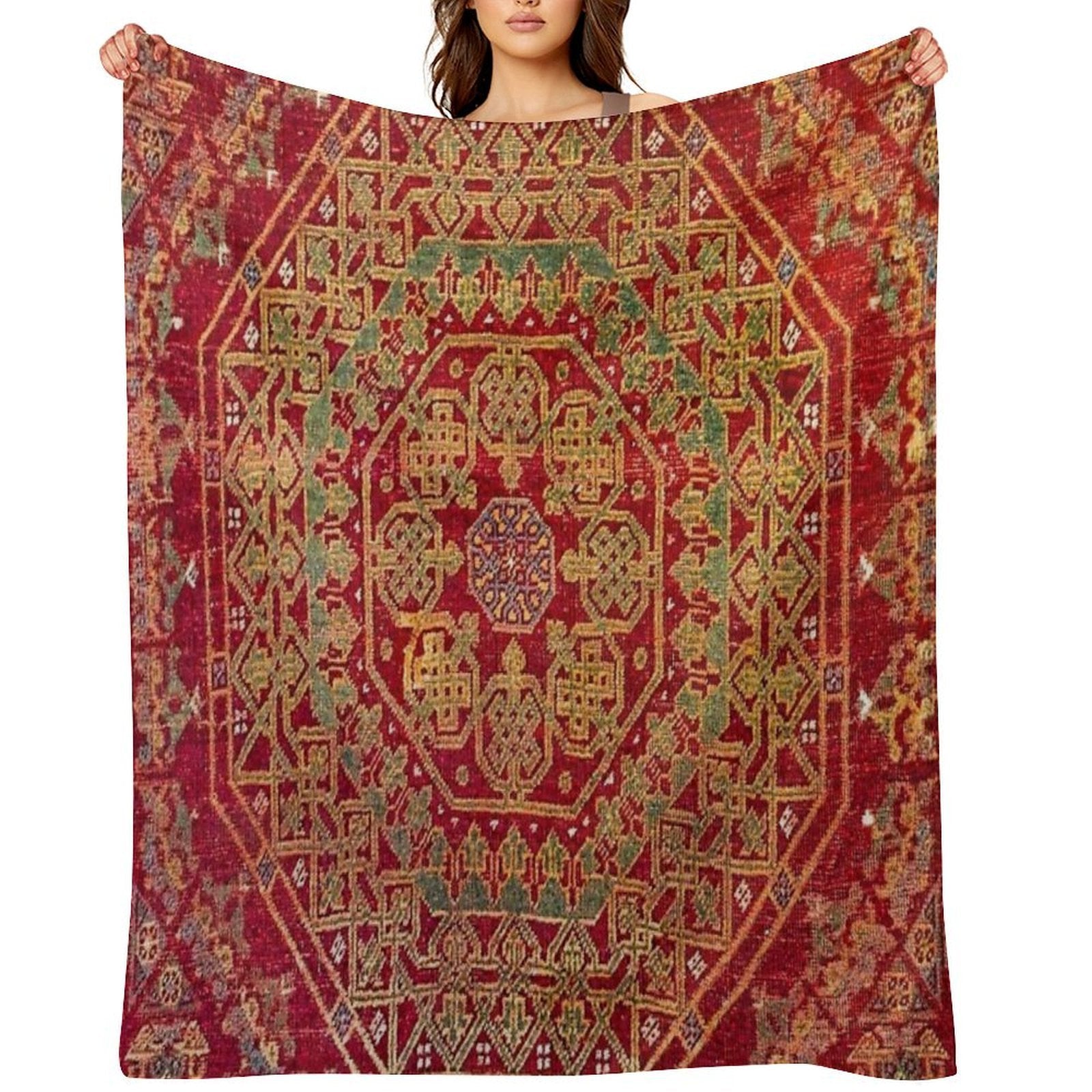 Bohemian Medallion VII  15th Century Old Distressed Red Green Coloful Ornate Accent Rug Pattern Wrinkle-free Throw Blanket