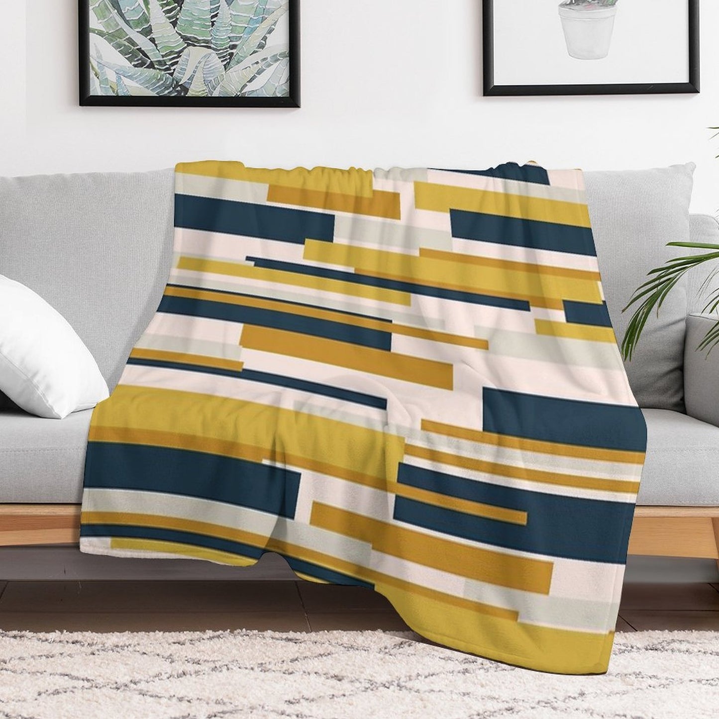 Wright Midcentury Modern Geometric Abstract Pattern in Mustard Yellow, Navy Blue, And Pale Blush Shrink-resistant Throw Blanket