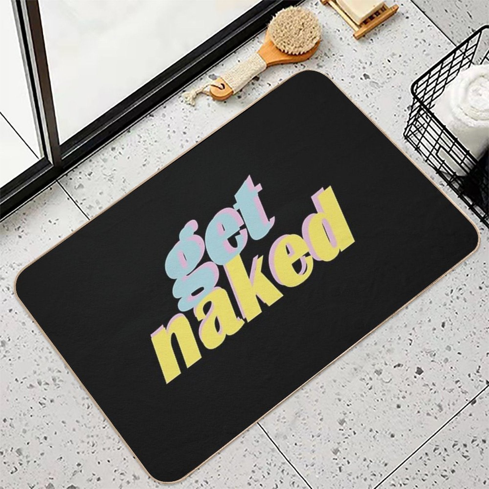 Get Naked Blue Pink Yellow Text  Toxin-Free Bath Mat