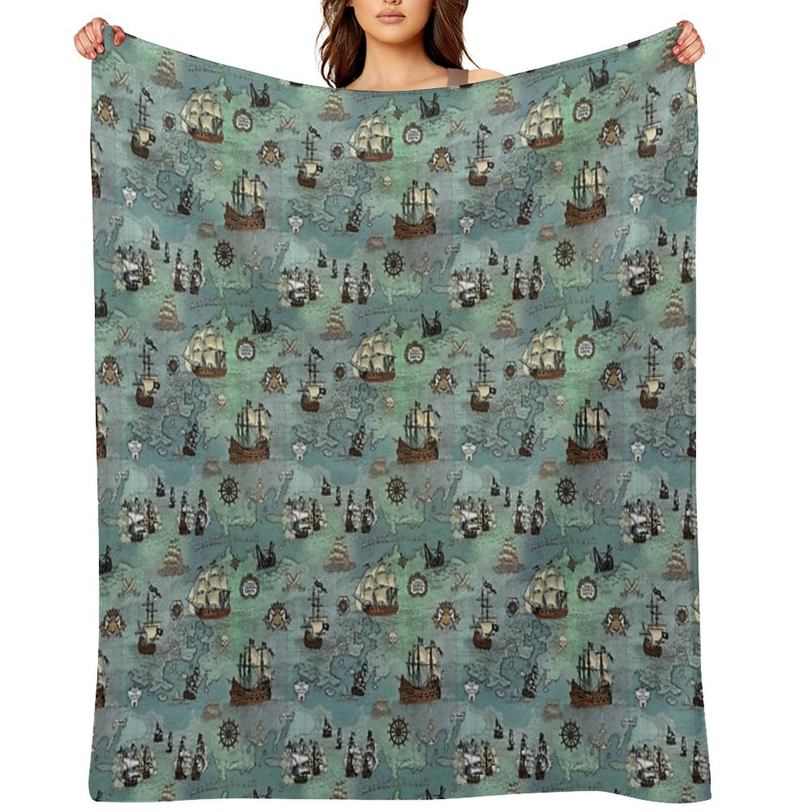 Pirate Map Nautical Sea Print Ocean Blue & Sea Glass Green Sustainable Throw Blanket