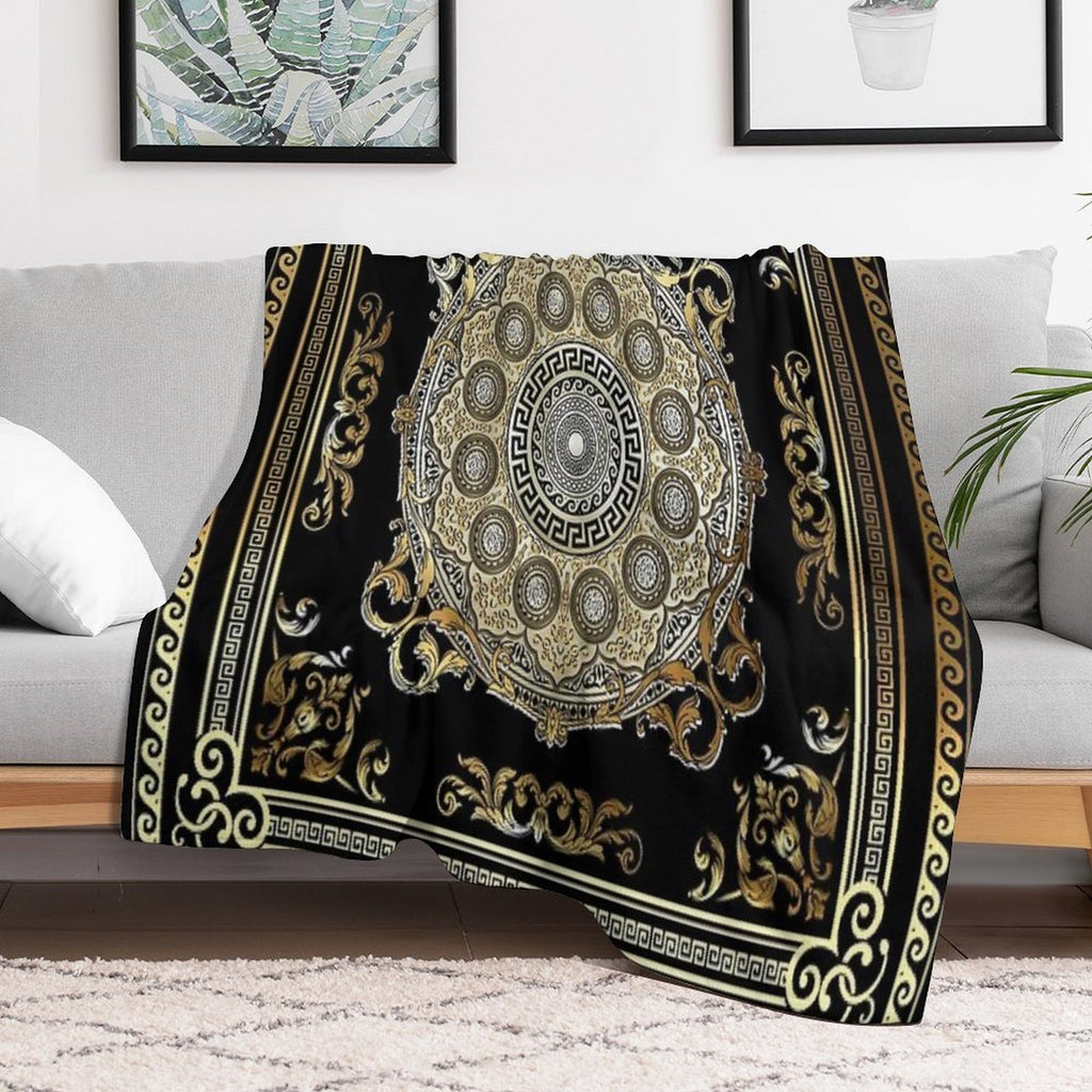 Ornate Baroque Gold Pearl Black Waves Greek Meander Easy Care Throw Blanket