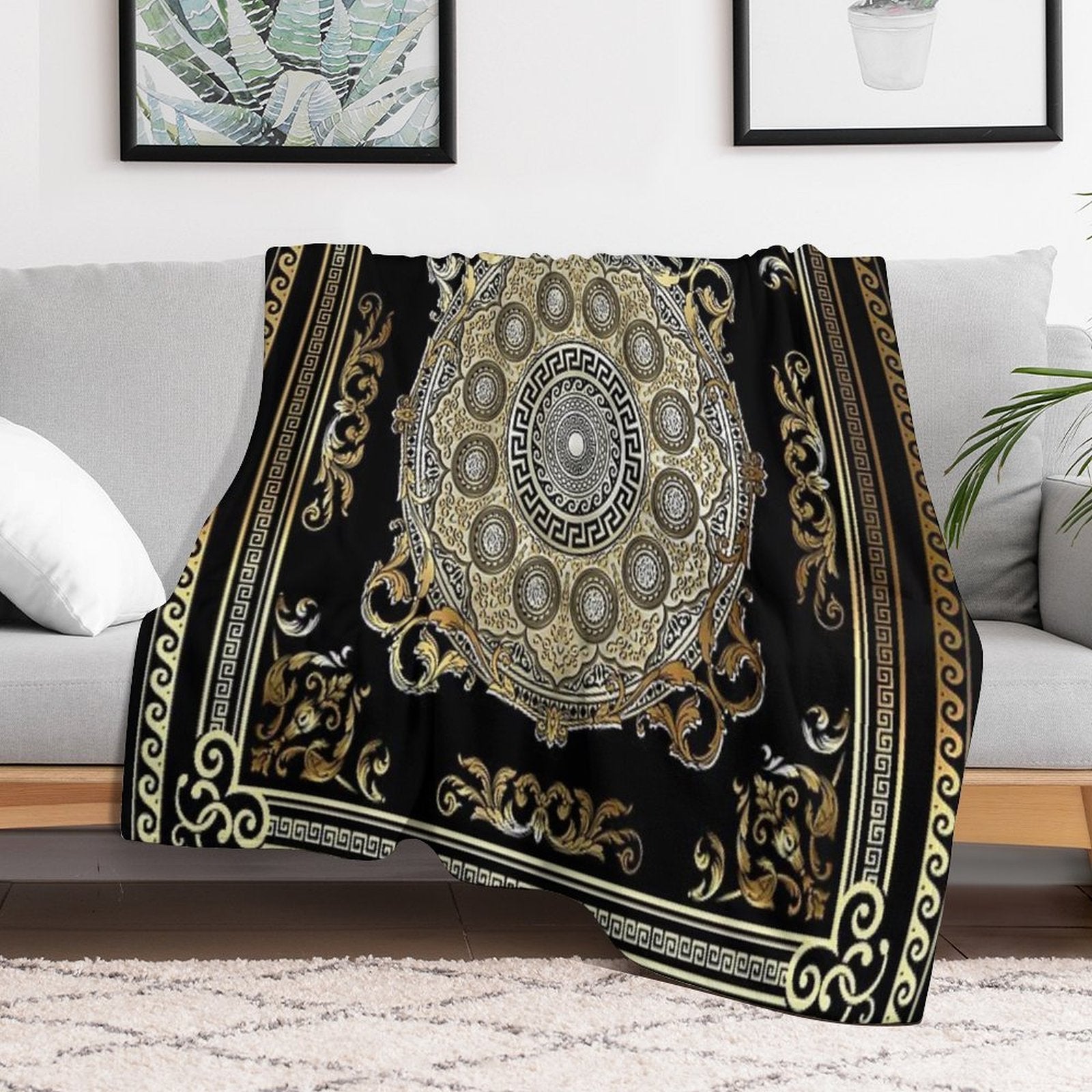Ornate Baroque Gold Pearl Black Waves Greek Meander Easy Care Throw Blanket
