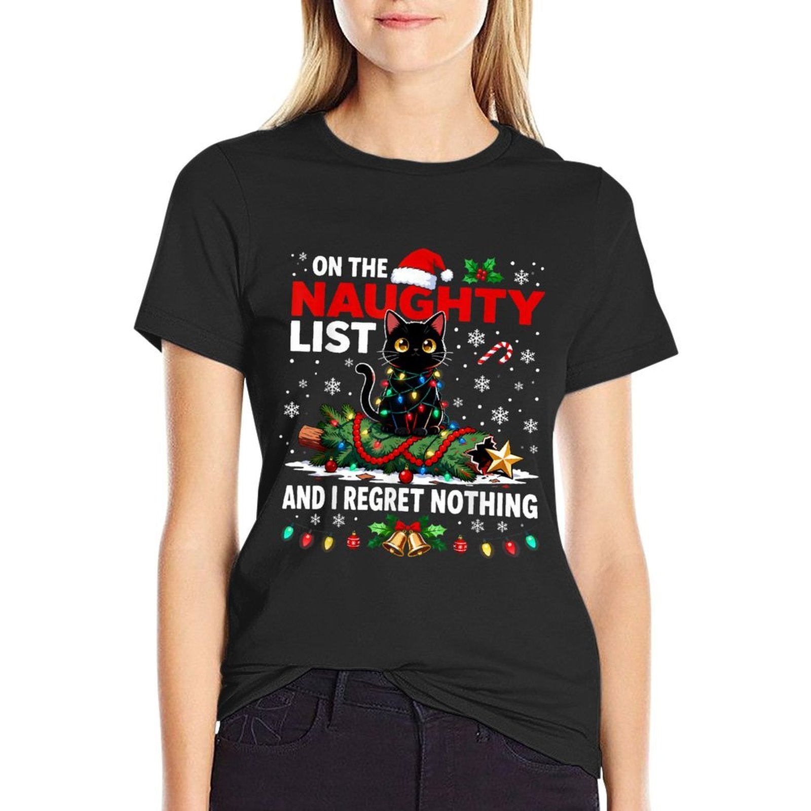 I Regret Nothing On The Naughty List Christmas Black Cat  Ribbed Collar T-Shirt