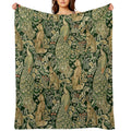 GREEN FOREST ANIMALS ,PEACOCKS, FOX AND HARE IN GREEN LEAVES,FLORAL PATTERN Shrink-resistant Throw Blanket