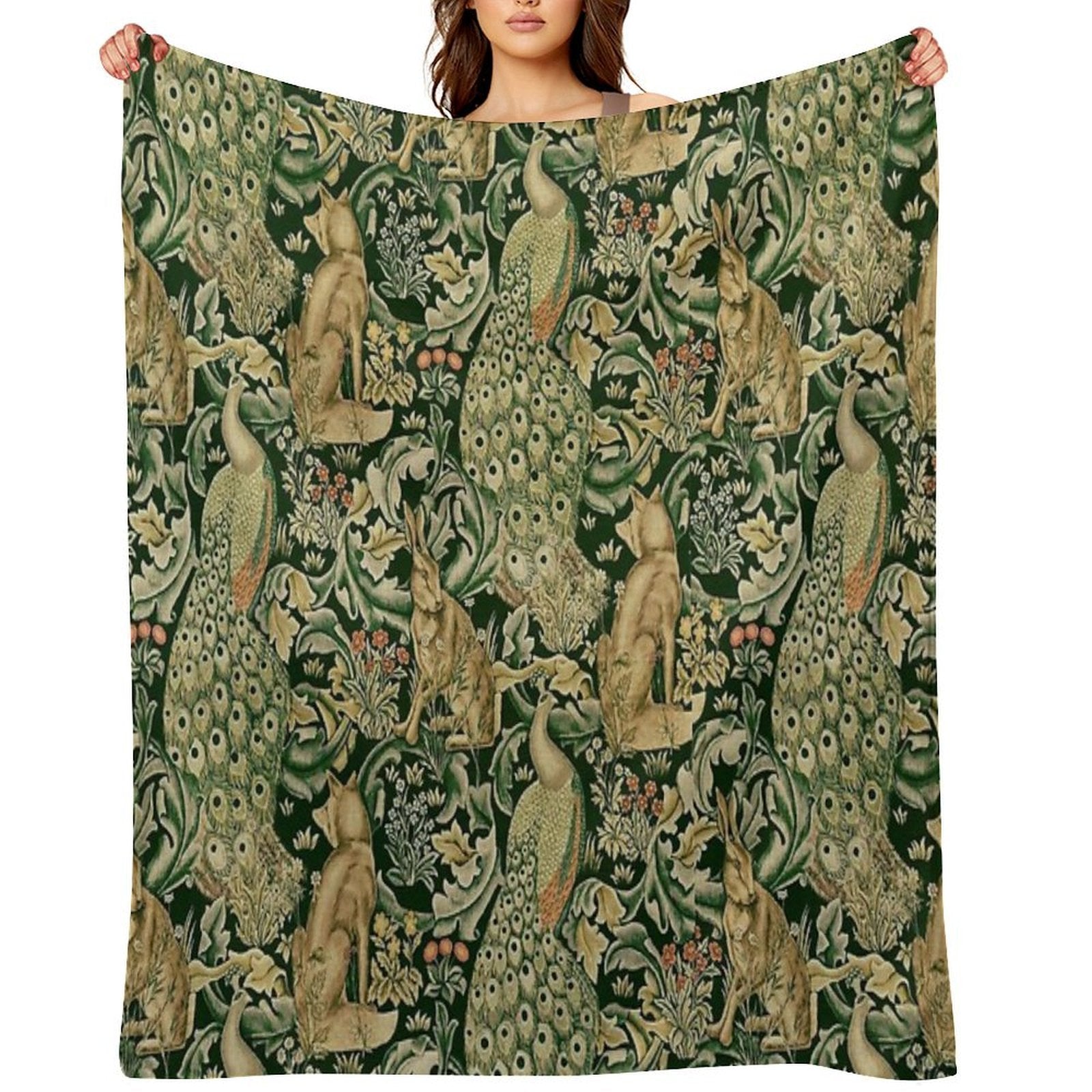 GREEN FOREST ANIMALS ,PEACOCKS, FOX AND HARE IN GREEN LEAVES,FLORAL PATTERN Shrink-resistant Throw Blanket