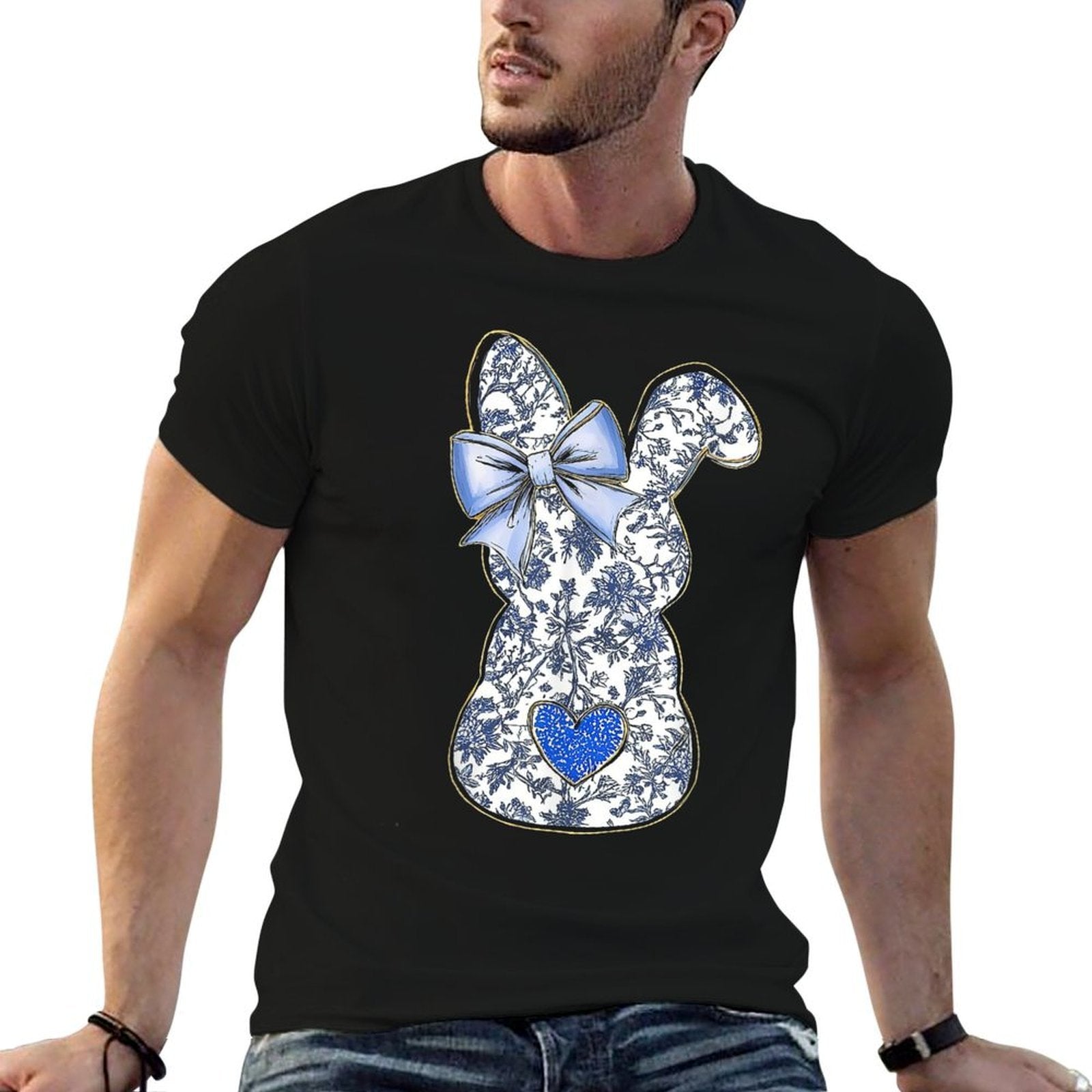 Easter Chinoiserie Floral Bunny With Cute Blue Bow Coquette  Cotton T-Shirt