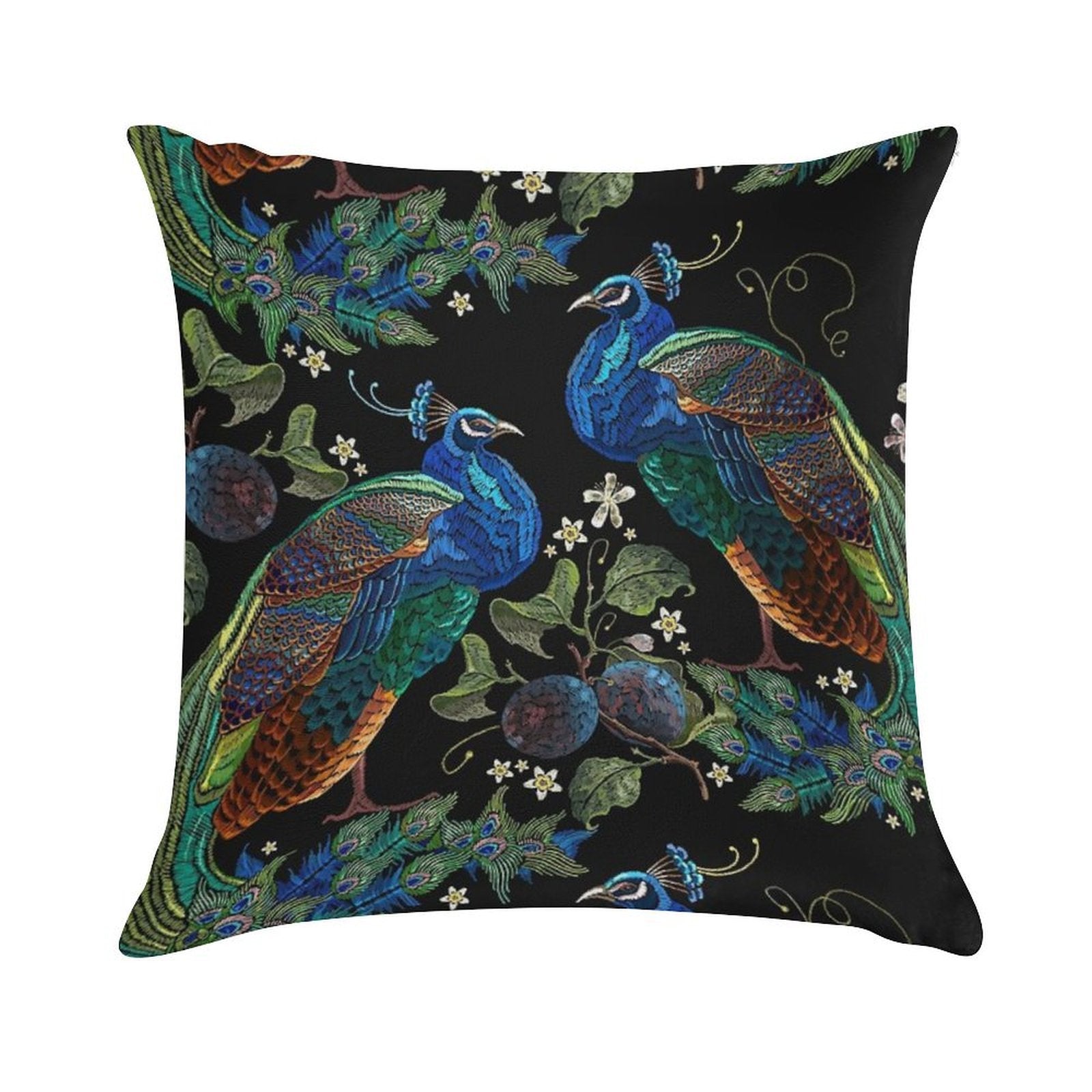 Embroidery Peacocks Soft Washable Throw Pillow