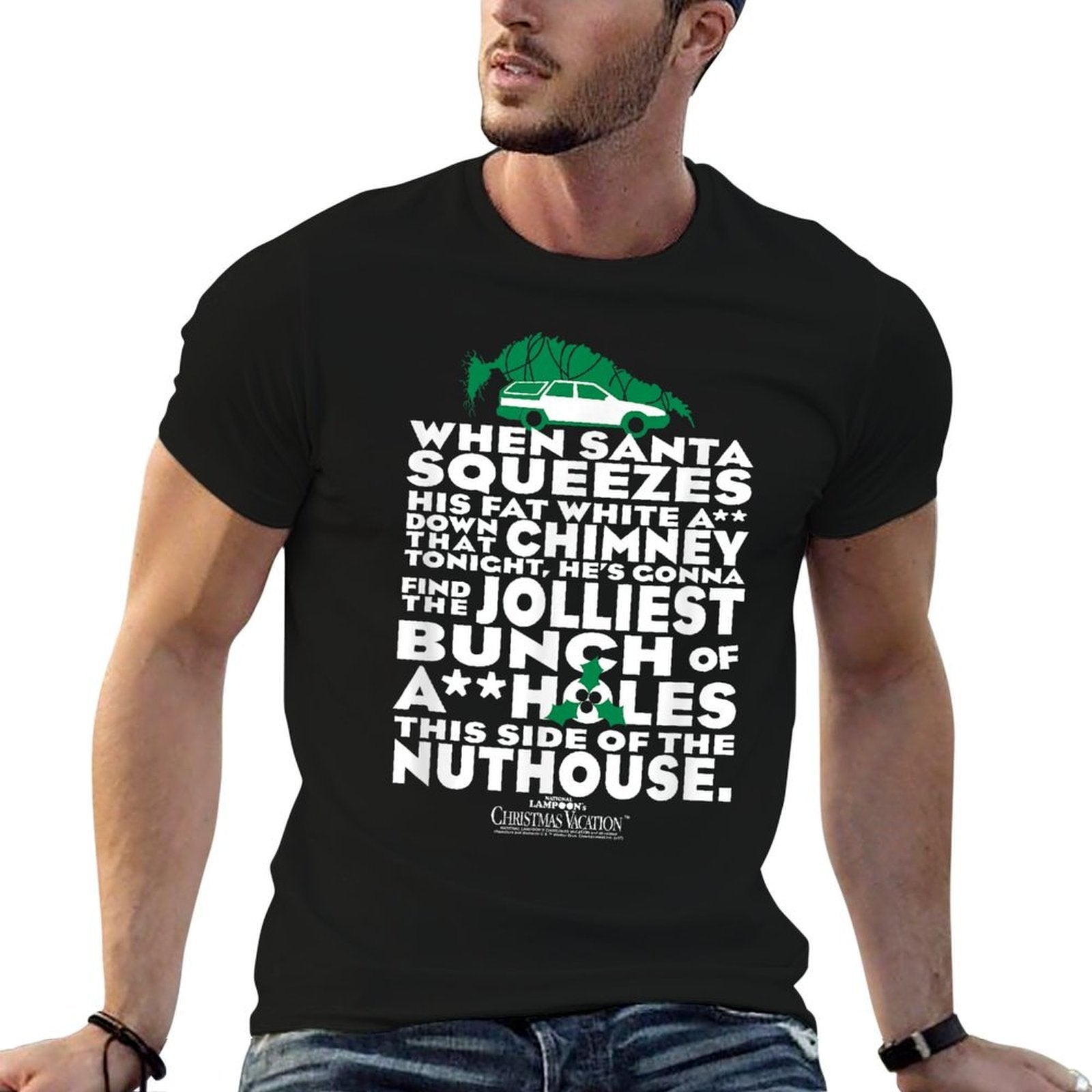 Warner Bros. National Lampoon's Christmas Vacation Unisex Adult Black Cotton Polyester Blend Letter Print  Durable T-Shirt