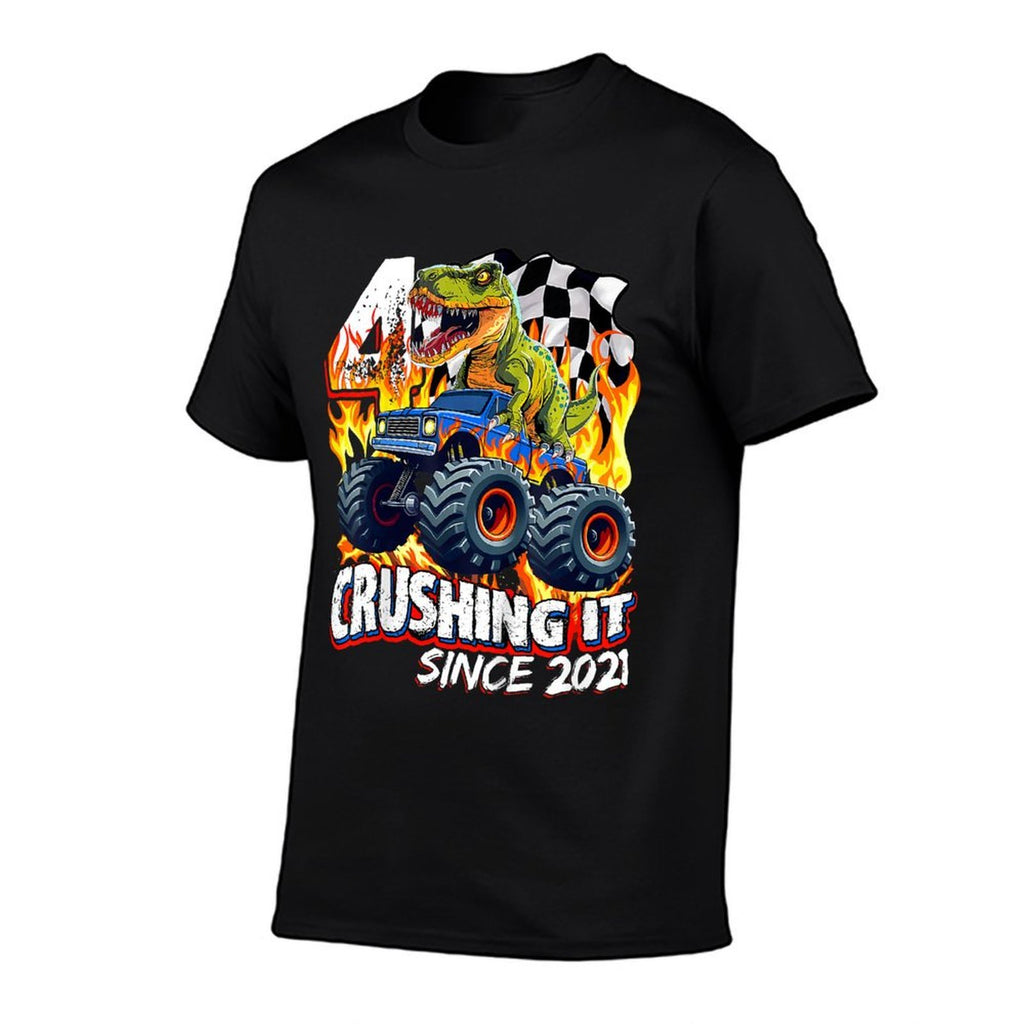 Kids Trex Dinosaur 4th Birthday Boy 4yr Monster Truck 4 Year Old  Heathered Texture T-Shirt
