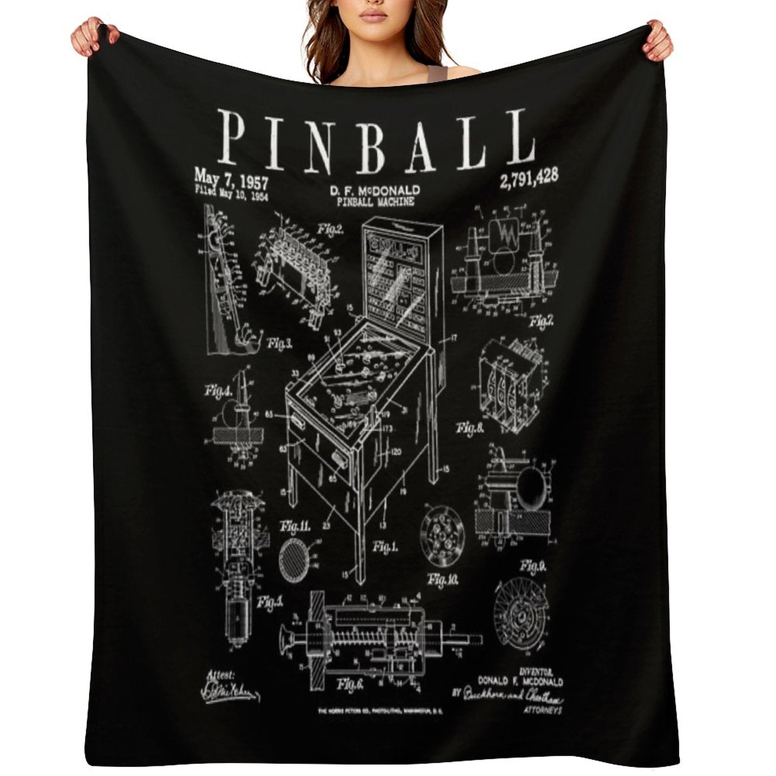 Pinball Arcade Gaming Machine Vintage Gamer Patent Print Plush Throw Blanket