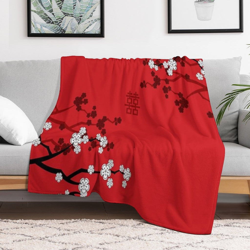White Oriental Cherry Blossoms on Red And Chinese Wedding Double Happiness  Japanese Sakura © Fatfatin Compact Throw Blanket