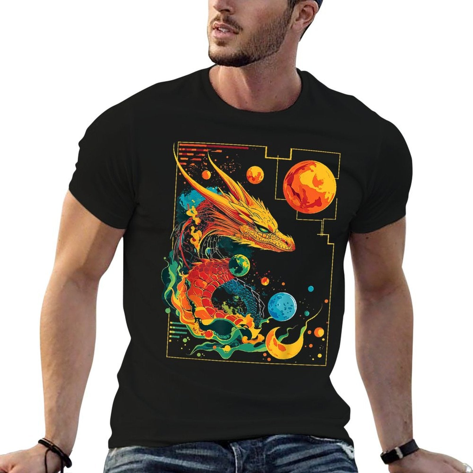 Dragon Planets Abstract Painting Geometric Animal Art  Graphic-printed T-Shirt