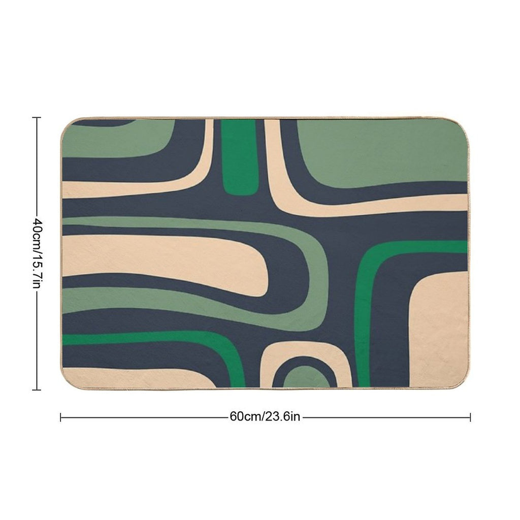 Palm Springs Retro Mid Century Modern Abstract Pattern Dark Blue, Green, And Beige  Stain-Proof Bath Mat