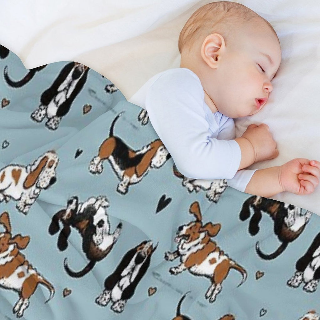 Basset Buddies on Blue Machine-washable Throw Blanket