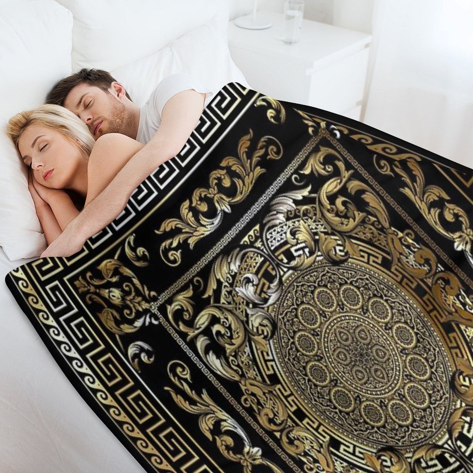 Gold Ornate Baroque Gold Black Greek Meander Machine-washable Throw Blanket