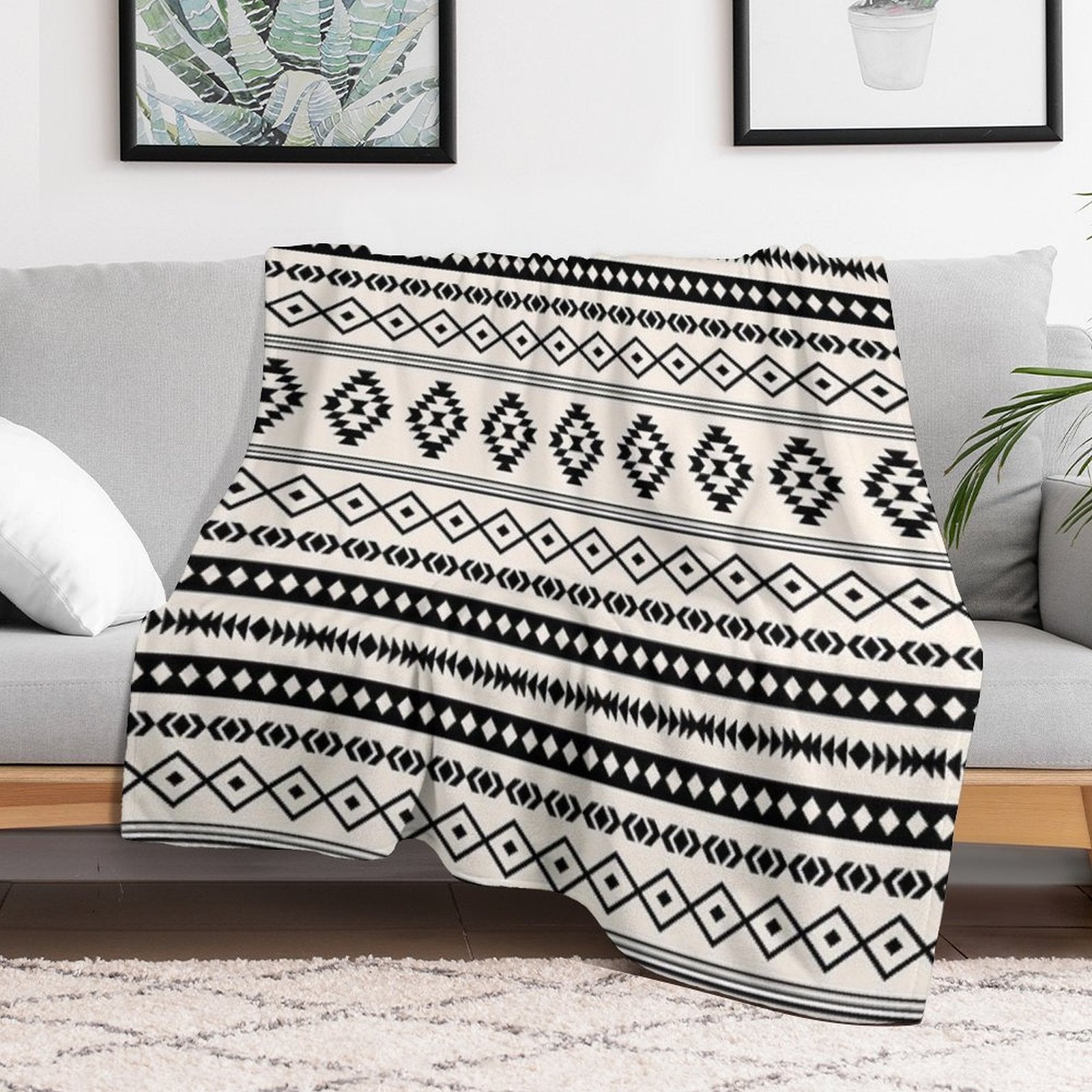 Aztec Black on Cream Mixed Motifs Pattern Velvety-soft Throw Blanket
