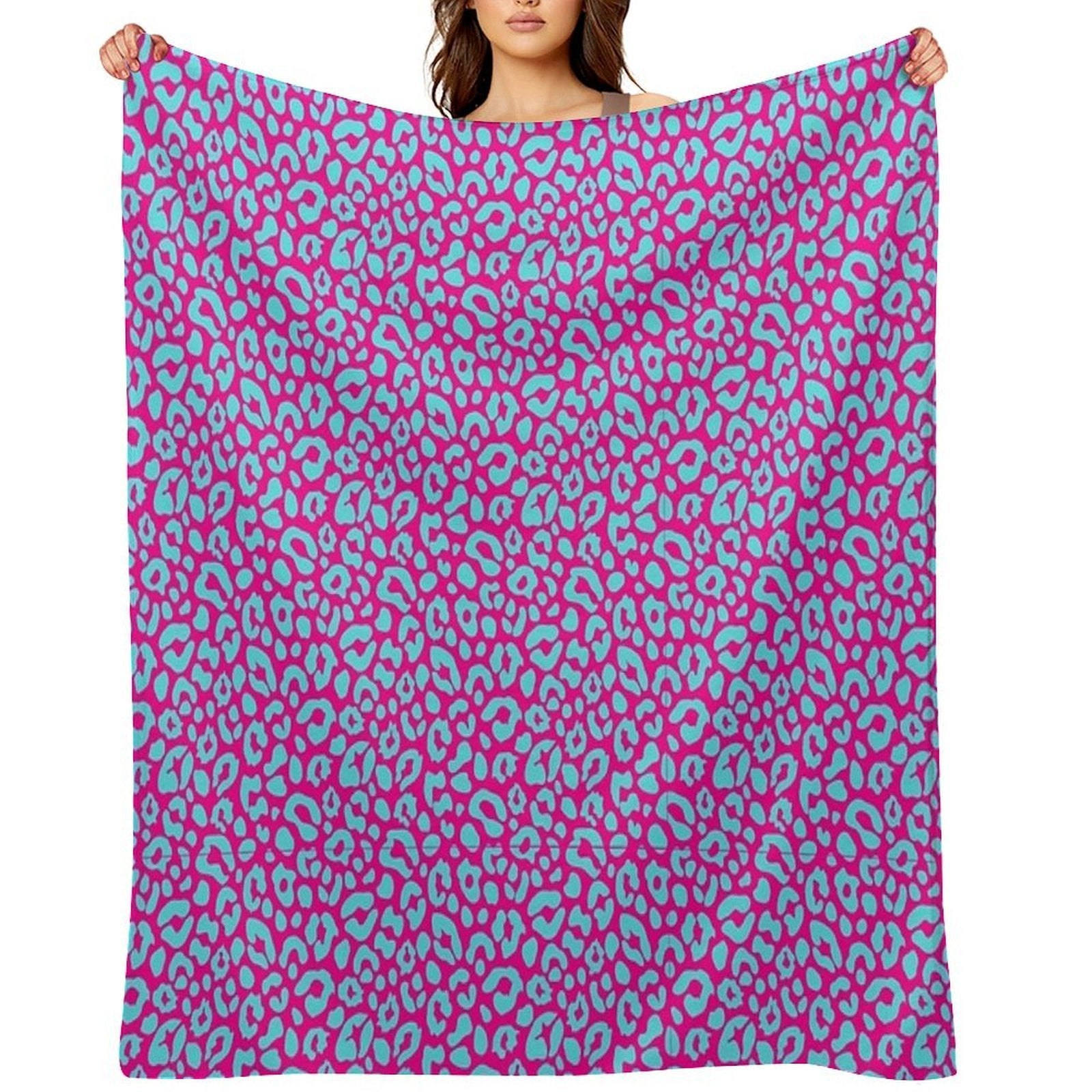 Leopard Print Pink on Turquoise Pattern Travel-friendly Throw Blanket