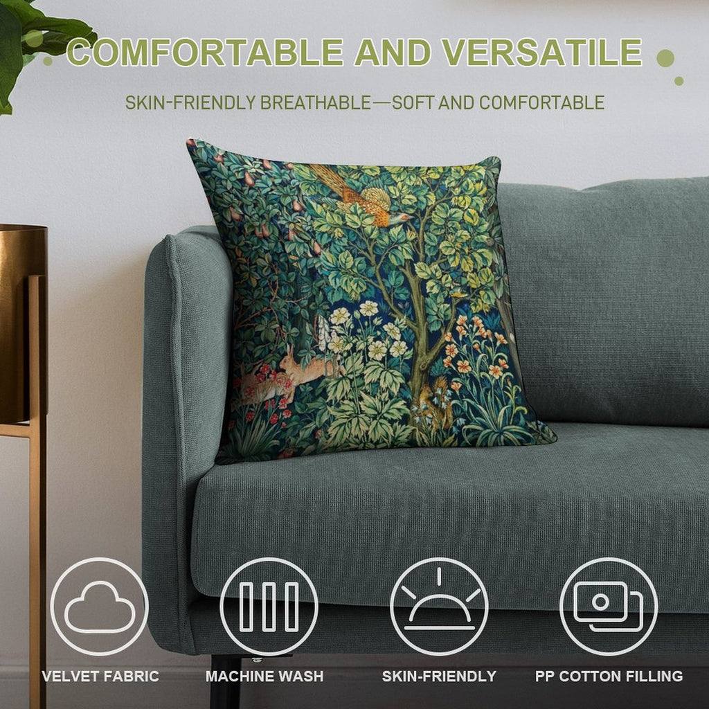 GREENERY,FOREST ANIMALS Pheasant on Tree,Squirrel,Hares,Blue Green Floral Tapestry Soft Style Accent Throw Pillow