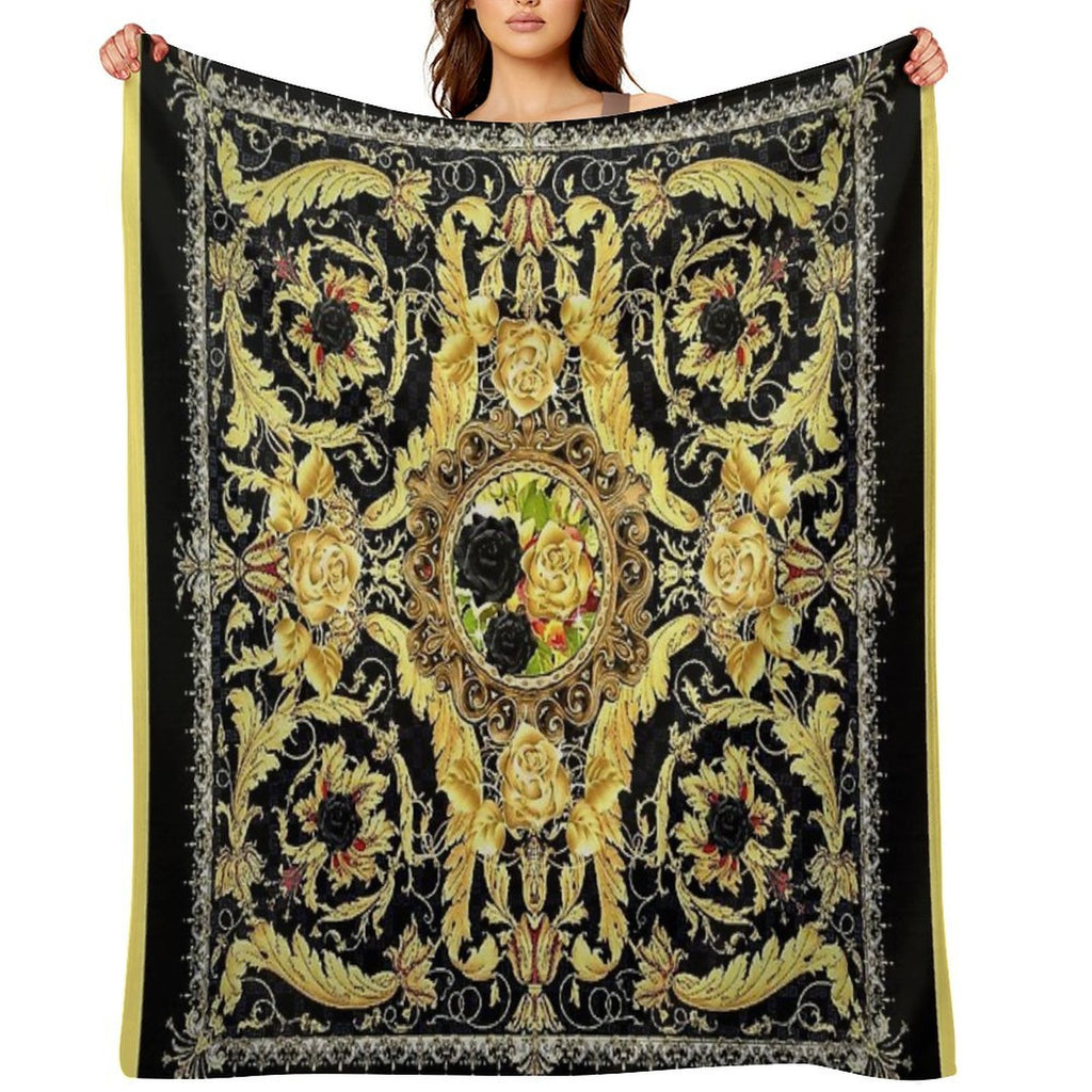 Black Roses And Vintage Baroque Italian  Jewelled Scroll Digital Art Edit Mysticladyart Premium Throw Blanket