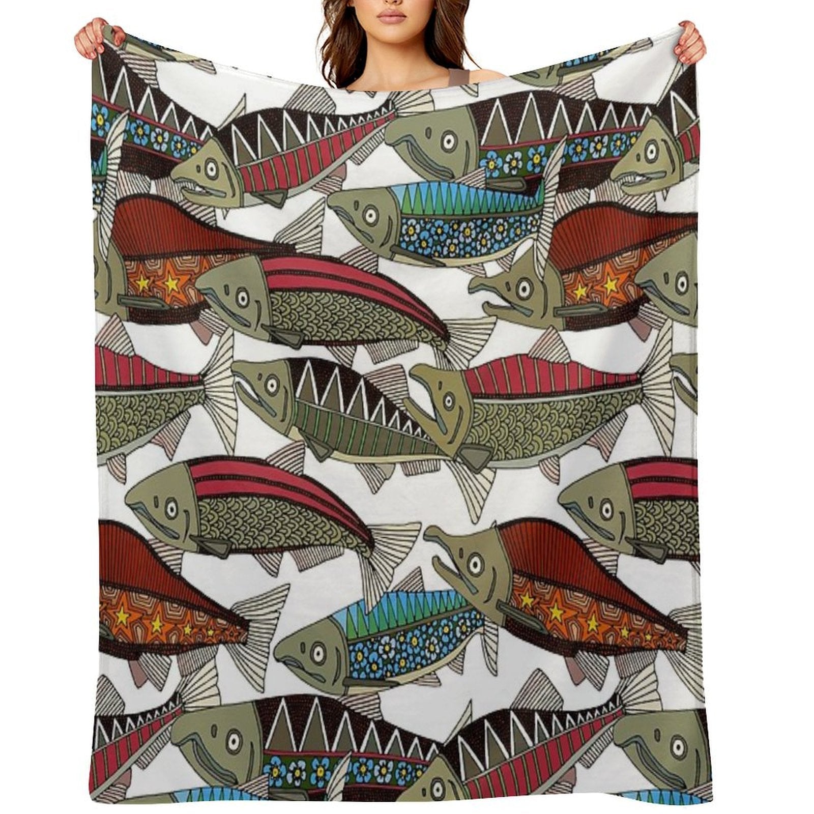 Alaskan Salmon White Anti-pilling Throw Blanket