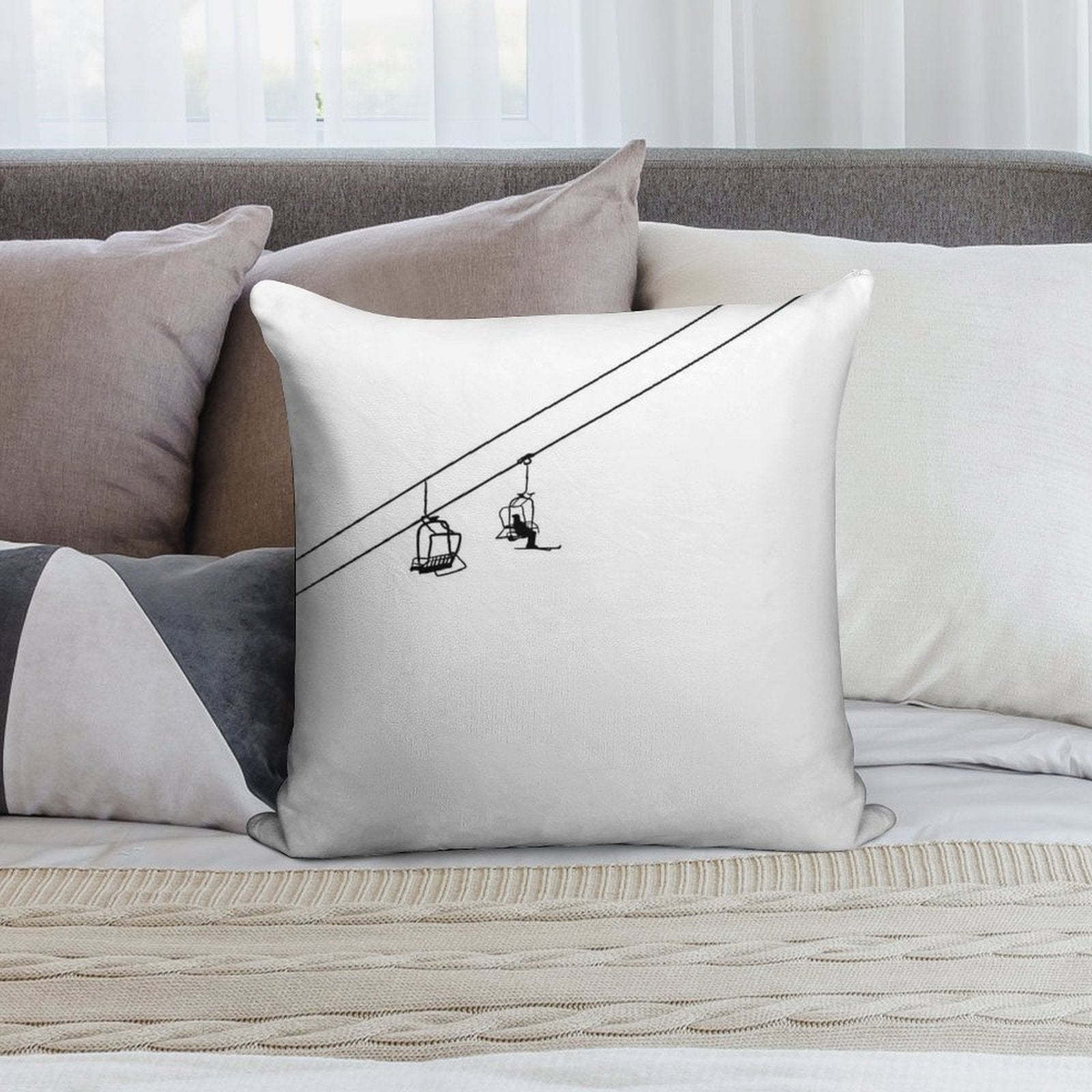Ski Lift Black And White Soft Easy Maintenance Throw Pillow