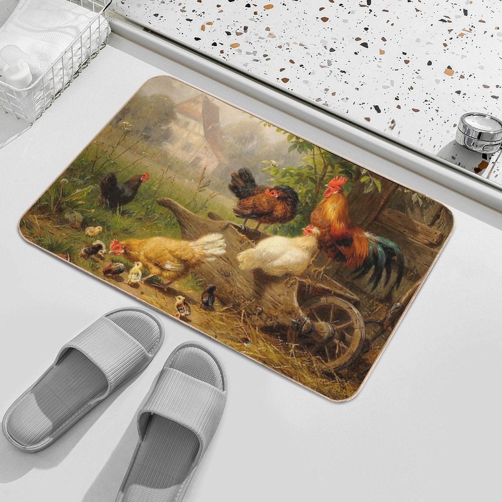 A Watchful Eye ,Rooster,Hens And Chickens With Wheelbarrow in Countryside  Stain-Proof Bath Mat