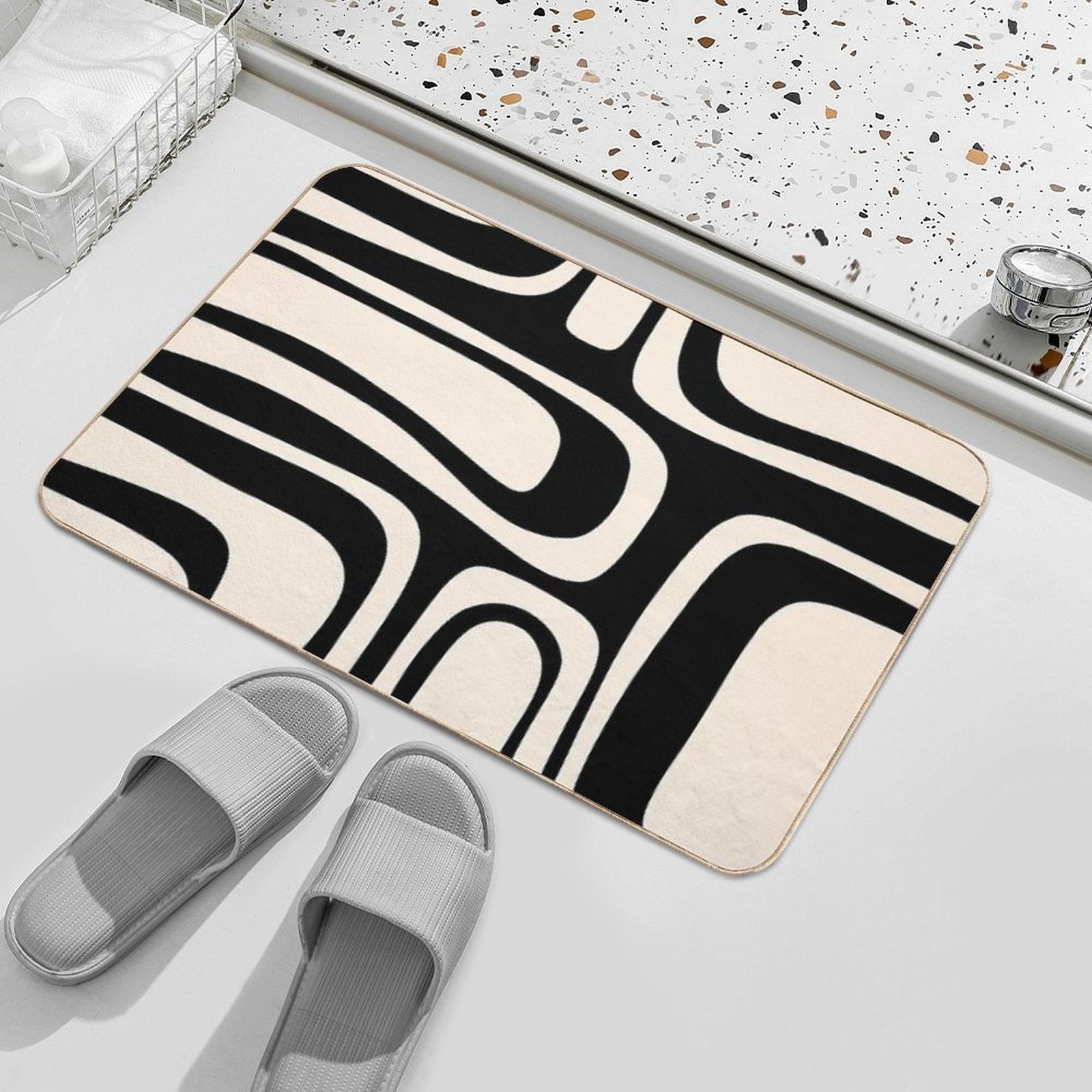 Palm Springs Retro Midcentury Modern Abstract Pattern Black And Almond Cream  Easy Maintenance Bath Mat
