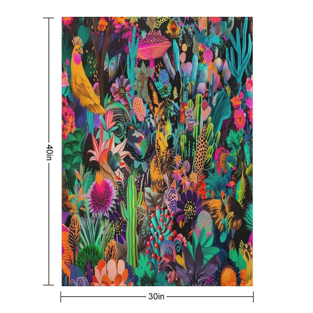 Vibrant Coyote Collage Art in A Botanical Wonderland Versatility Throw Blanket