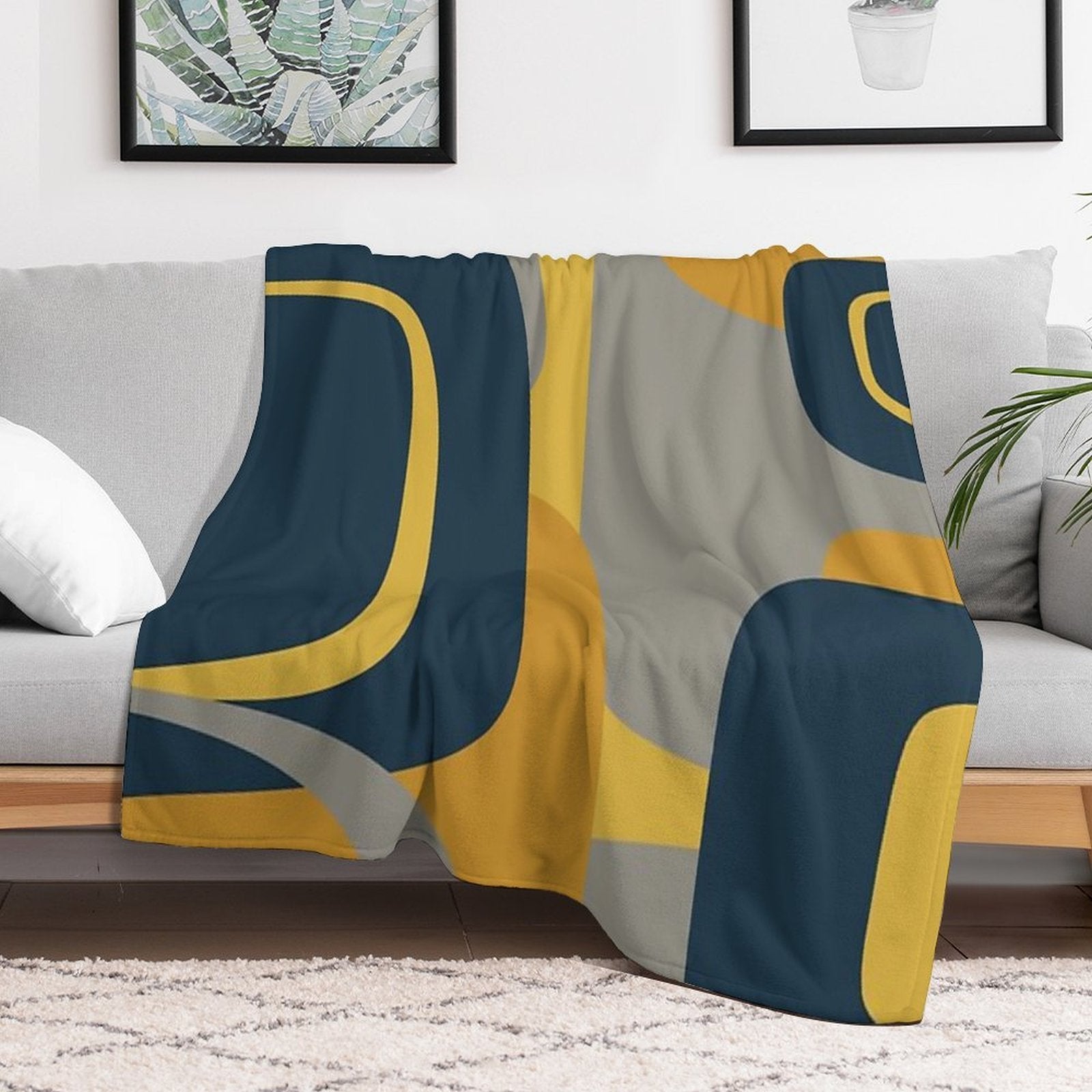 Mid Century Modern Retro Abstract Pattern in Navy Blue, Mustard Yellow, And Gray Lightweight Throw Blanket
