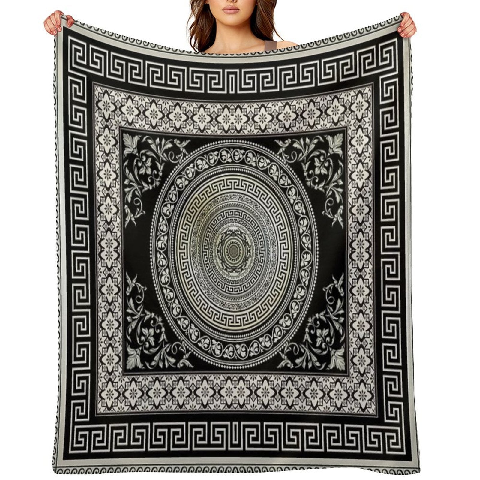 Greek Key Meander Black Cream Ornate Medallion All-season Throw Blanket