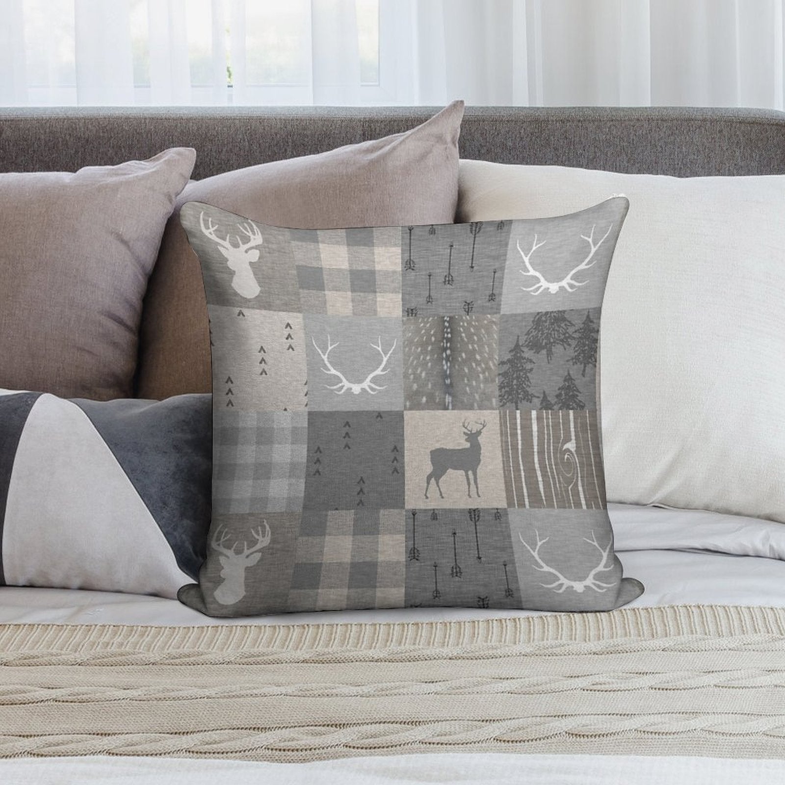 Rustic Woodland Patchwork - Grey And Beige Soft Skin-Friendly Throw Pillow