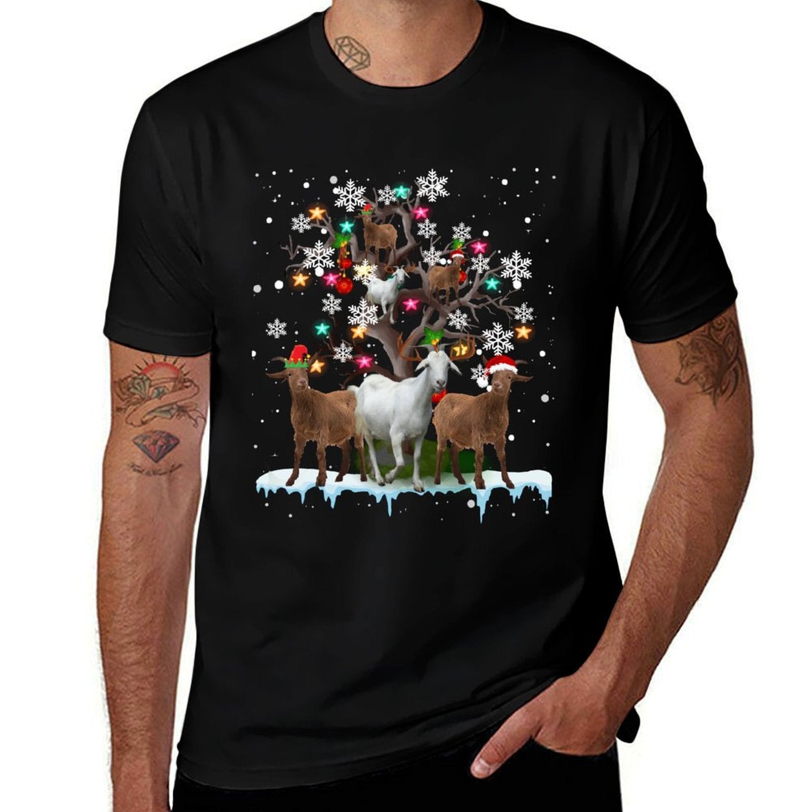 Christmas Goat On Tree Funny Santa Goat Lover  High-quality Stitching T-Shirt