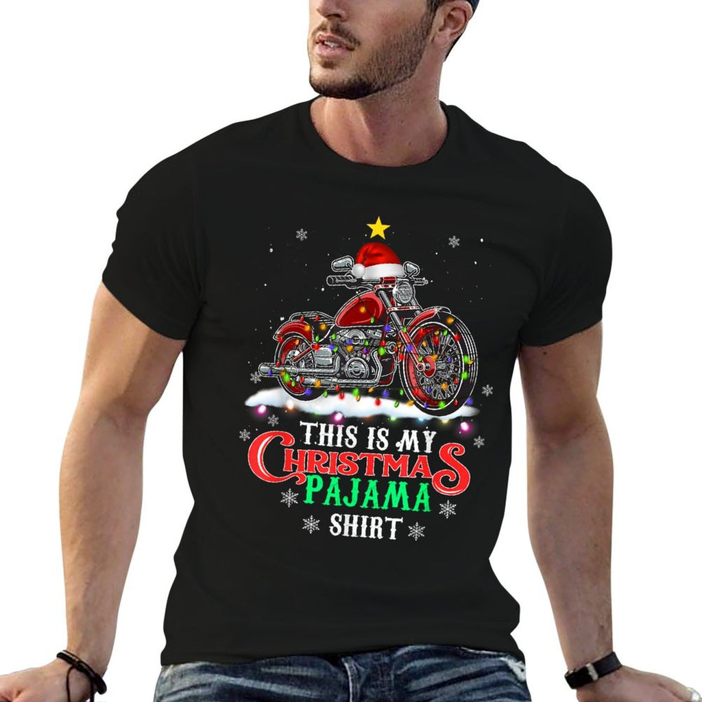 This My Christmas Pajama Funny Motorcycle Santa Hat  Rolled Sleeves T-Shirt
