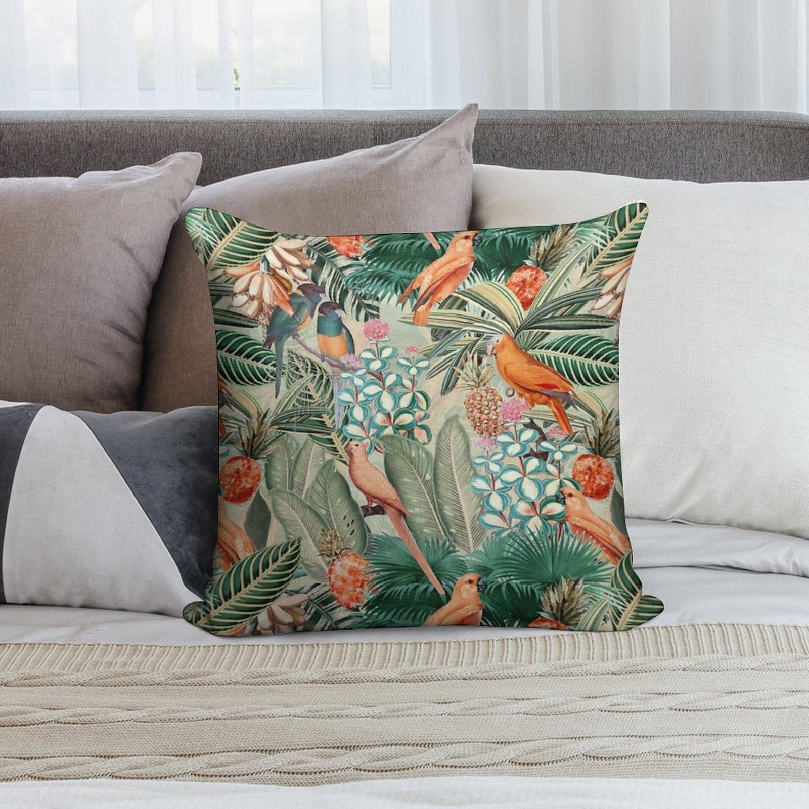 Vintage Orange Tropical Bird Jungle Botanical Garden Nightgarden Soft Style Accent Throw Pillow
