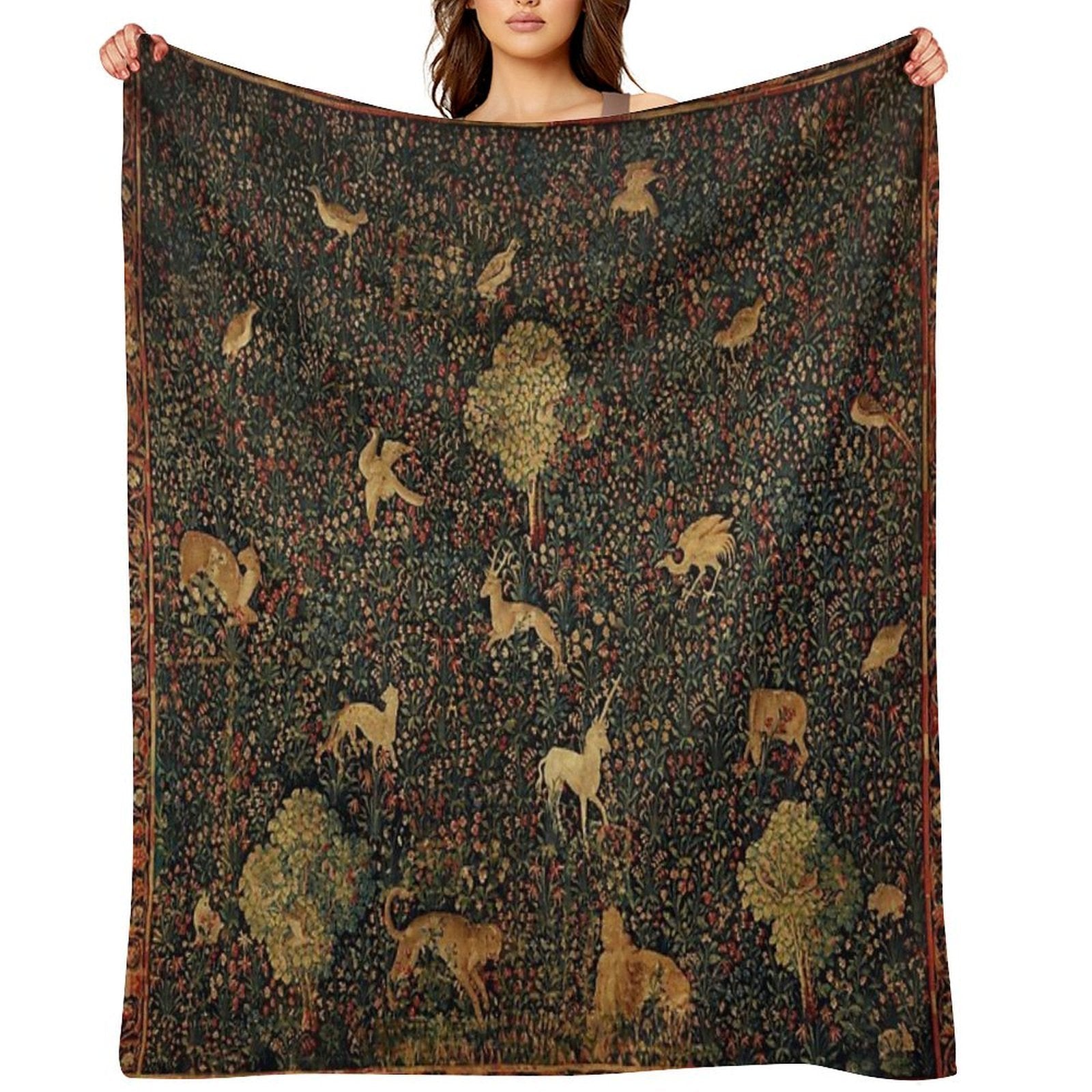 UNICORN AND MEDIEVAL BESTIARY Millefleurs Red Green Floral Tapestry ,Forest Animals, Premium Throw Blanket