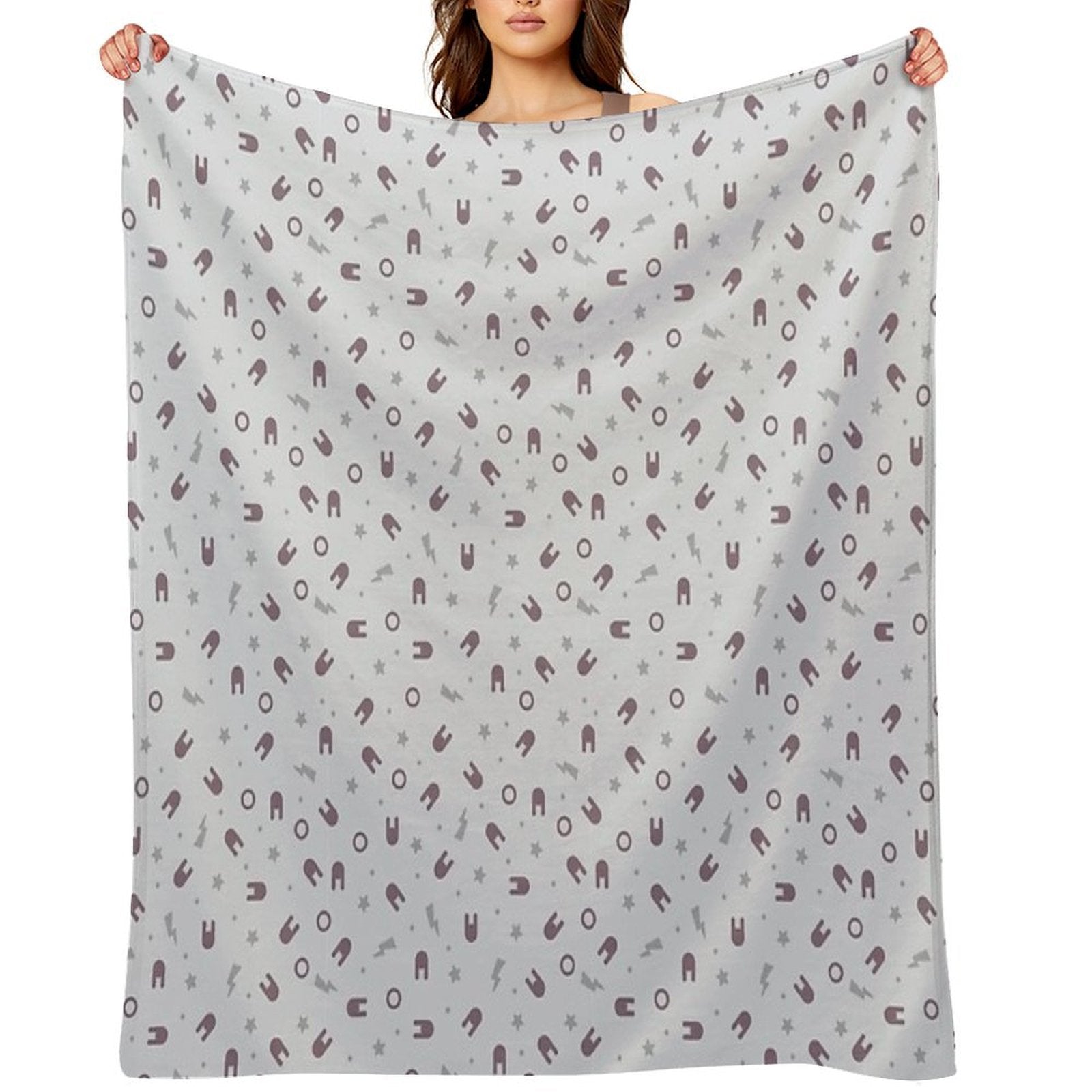 Anime Inspired Cute Kawaii Harajuku Style Grey Bolts And Stars And Chokolate Bunny Heads on Pale Beige Background Travel-friendly Throw Blanket