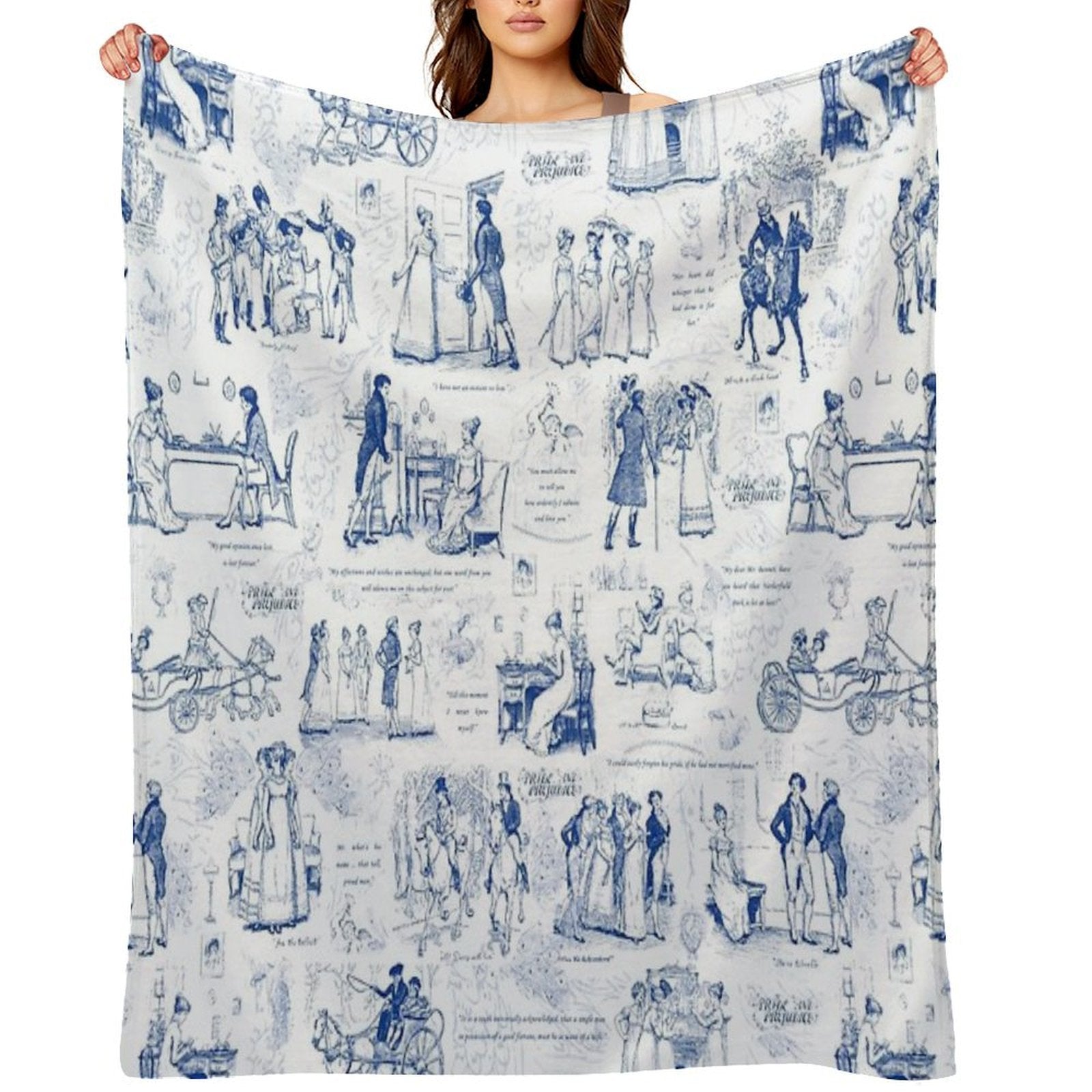 Pride And Prejudice Blue Toile Illustrations Quotes Pattern Machine-washable Throw Blanket