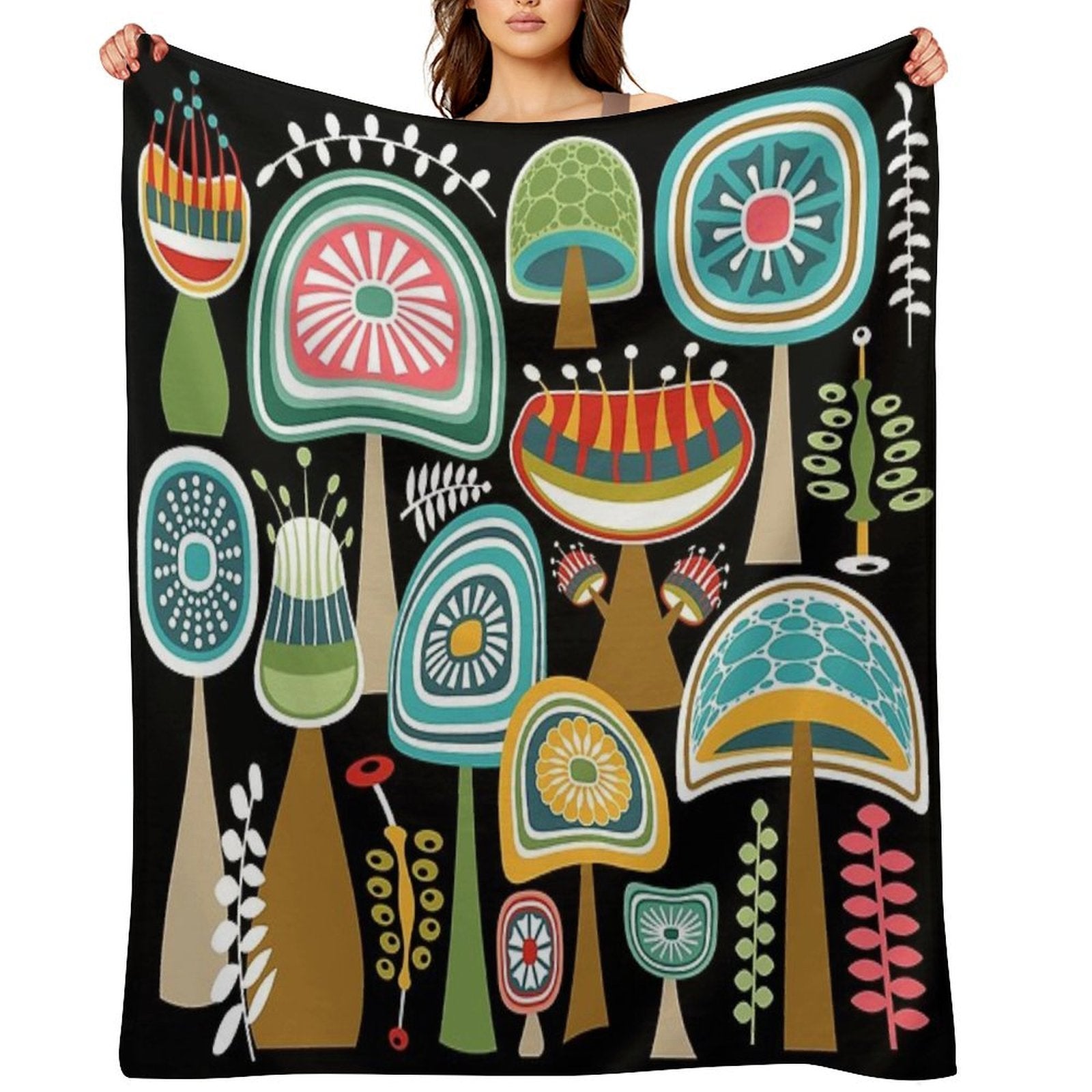 Colorful Mid Century Modern Mushrooms  Large Scale Gift-ready Throw Blanket
