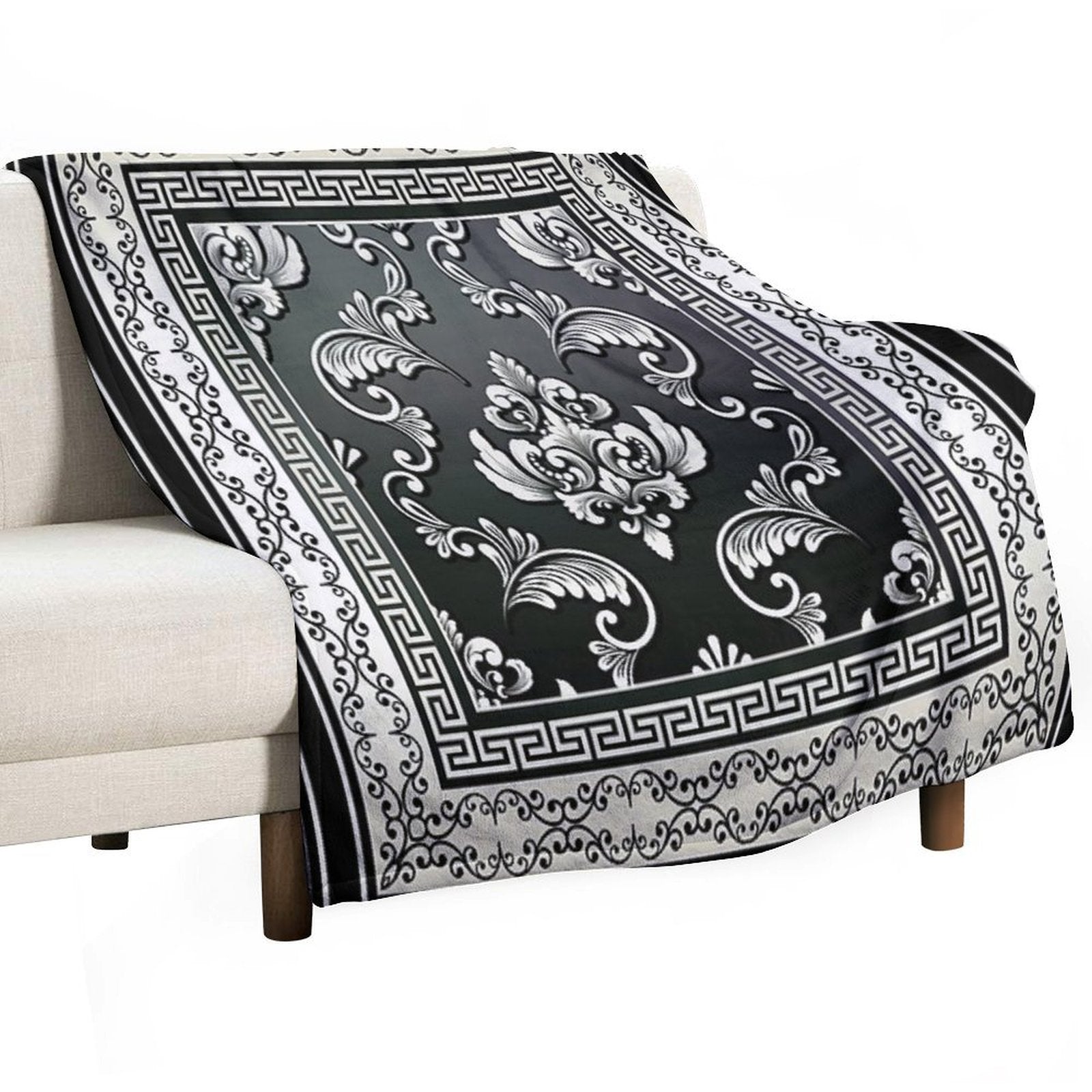Greek Key Black And Cream Floral Pattern Travel-friendly Throw Blanket