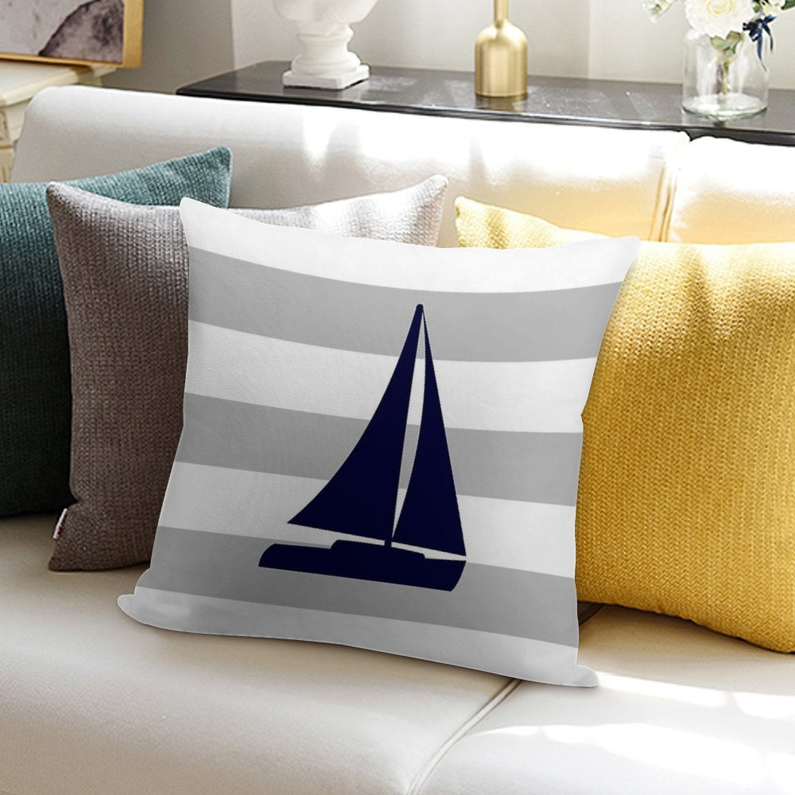Nautical Navy Blue Sailboat On Silver Gray Stripes Soft Washable Throw Pillow