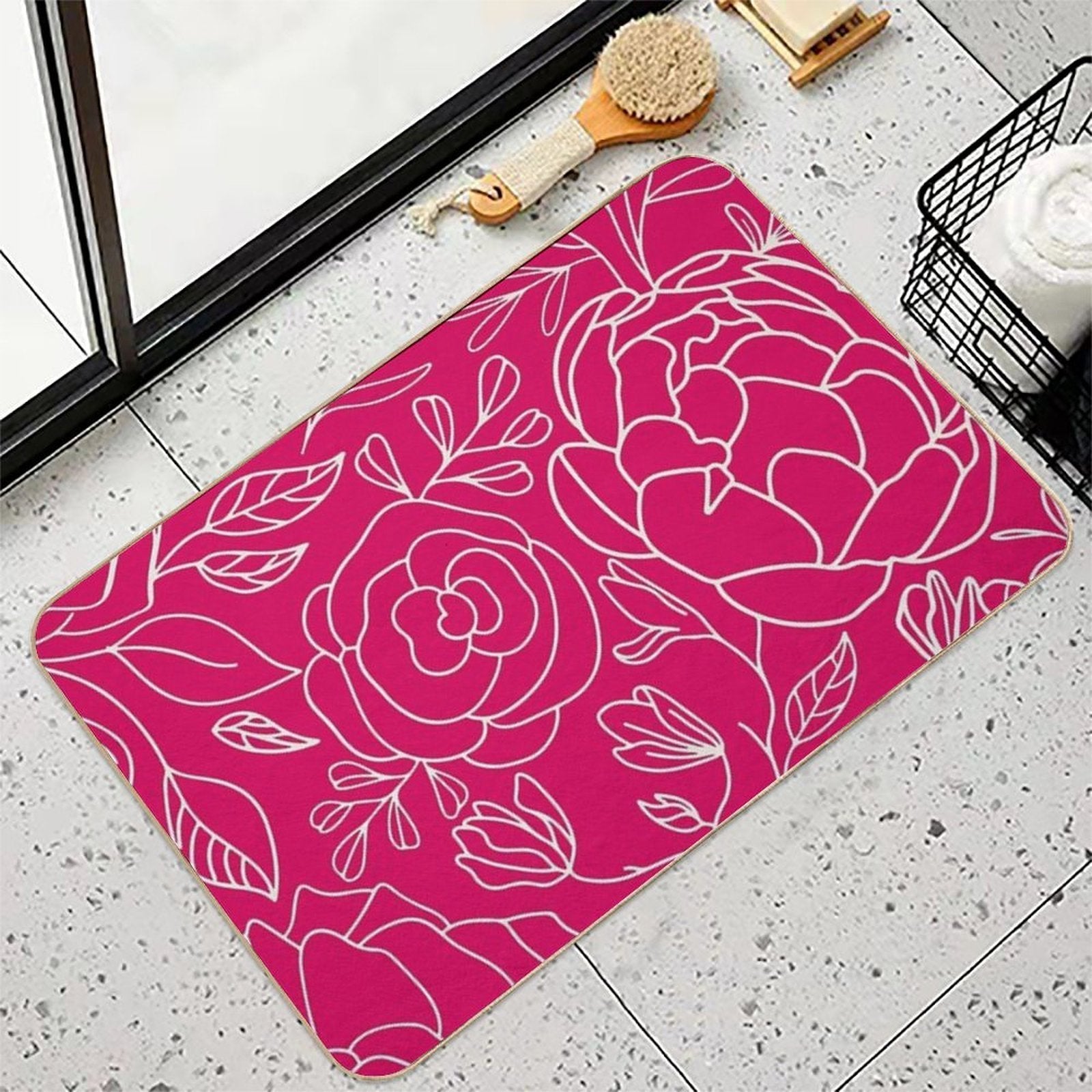 Elegant Floral Outline Pattern Red Background  Dirt-Trapping Bath Mat
