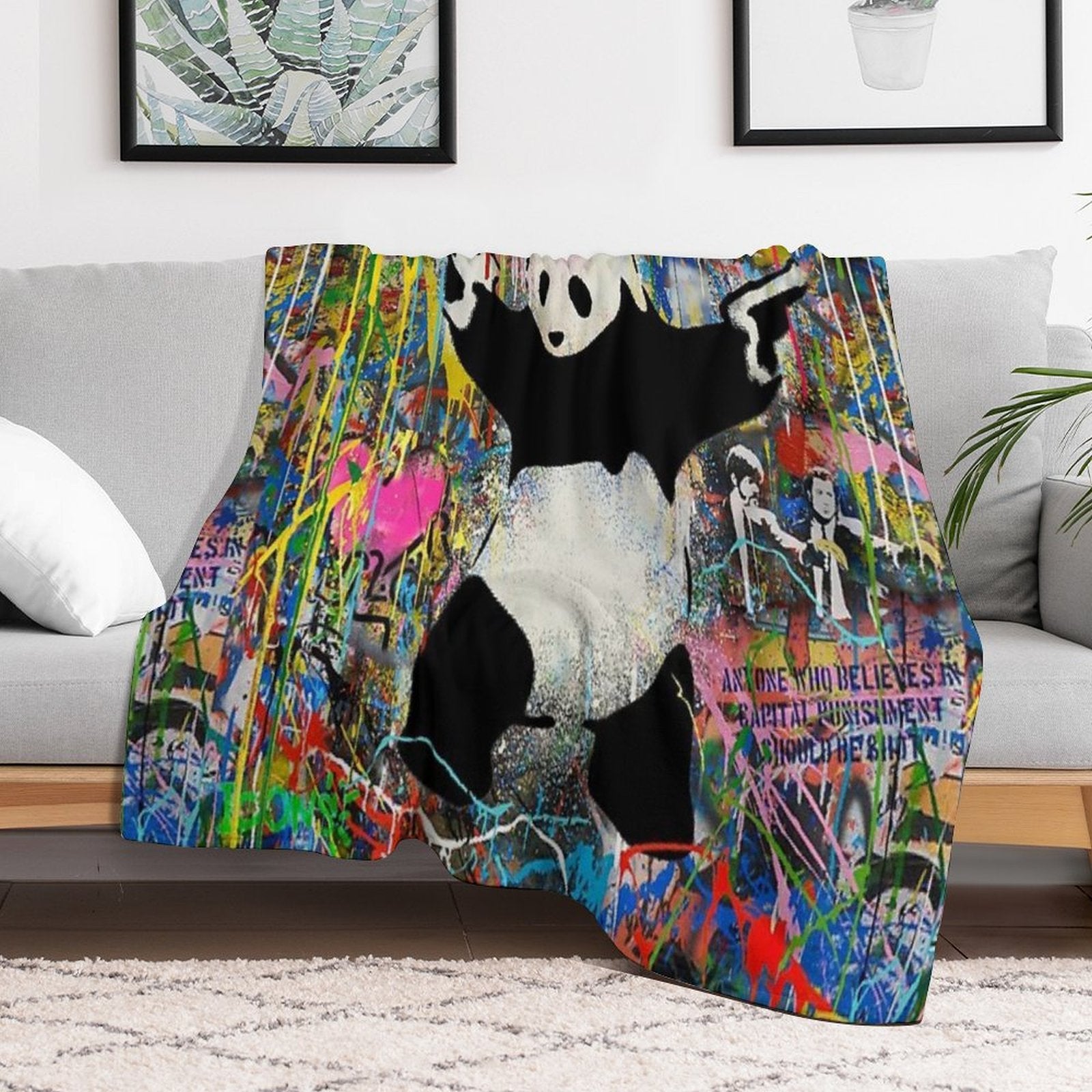 Panda With Guns Stick Em Up - Pop Street Art Banksy Lightweight Throw Blanket