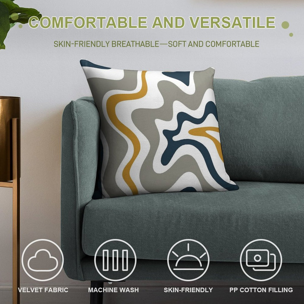 Liquid Swirl Contemporary Abstract in Mustard Yellow, Navy Blue, Grey, And White Soft Reinforced Edging Throw Pillow