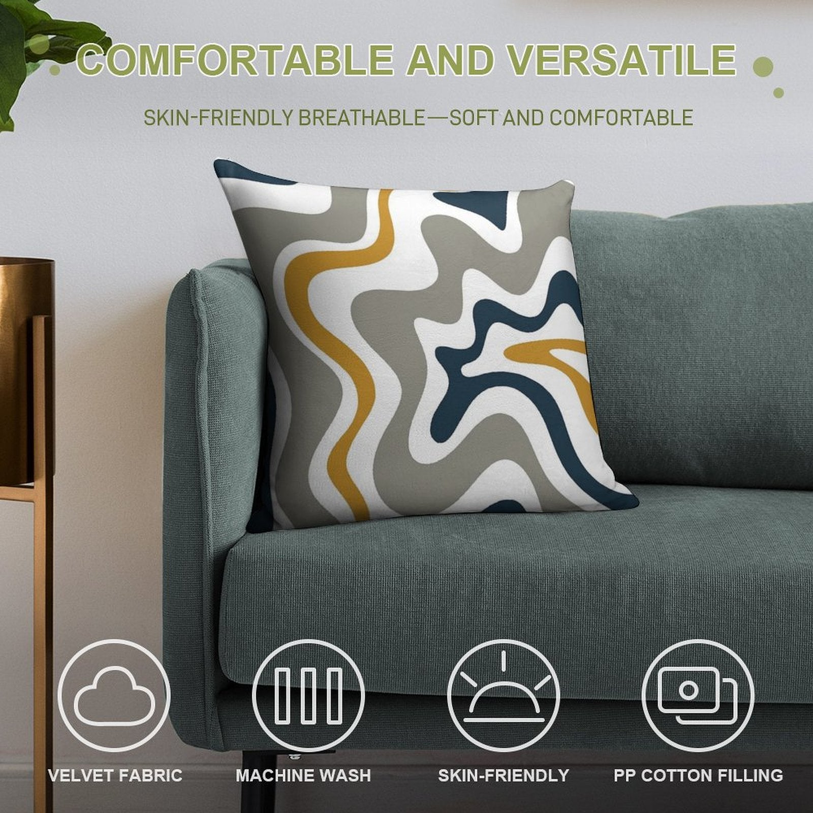 Liquid Swirl Contemporary Abstract in Mustard Yellow, Navy Blue, Grey, And White Soft Reinforced Edging Throw Pillow
