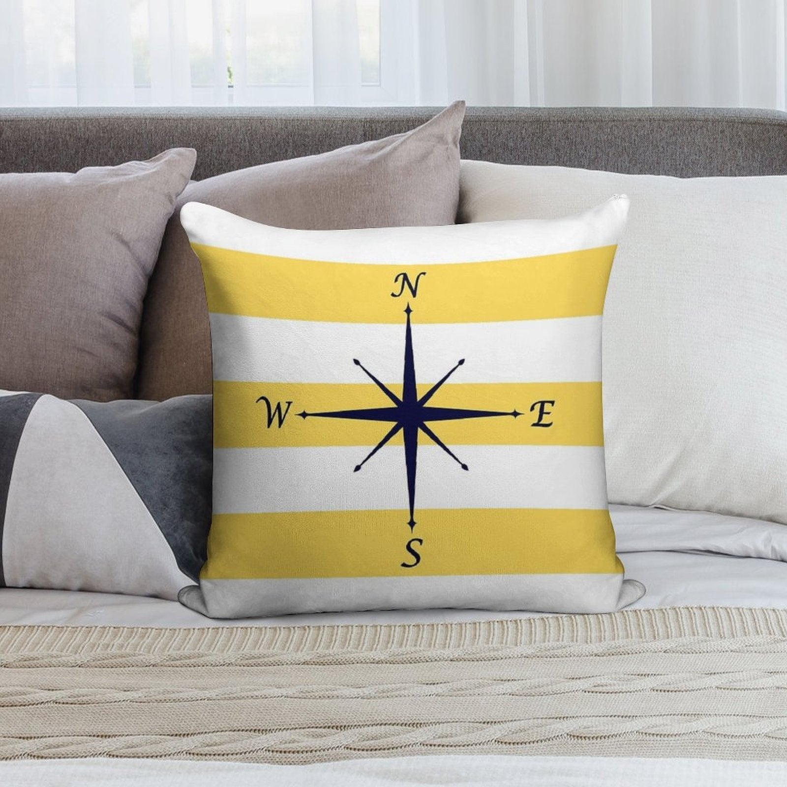 Navy Blue Compass On Mustard Yellow And White Stripes Soft Fade-Resistant Throw Pillow