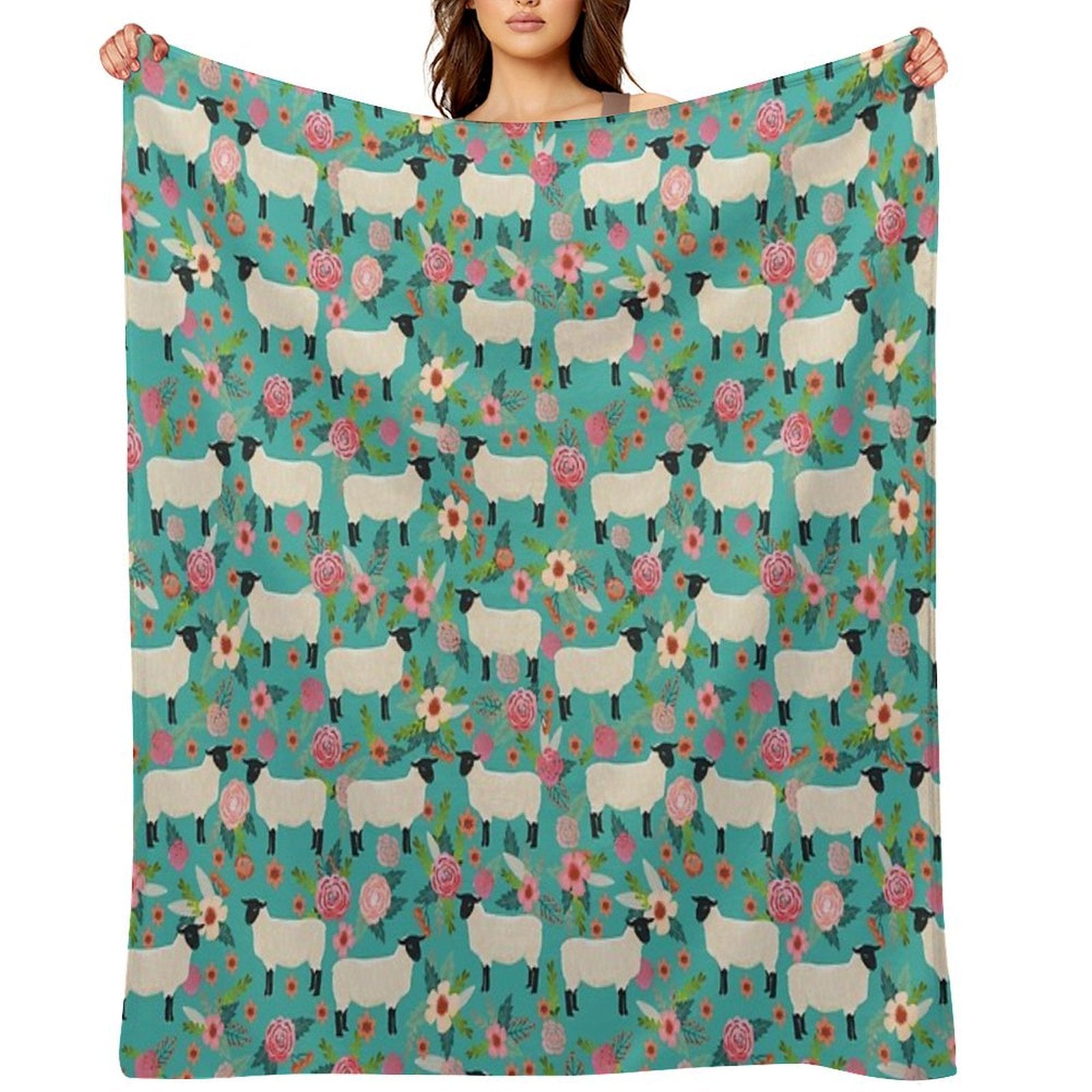 Sheep Farm Sanctuary Florals Pattern Cute Gifts for Animal Lovers Travel-friendly Throw Blanket