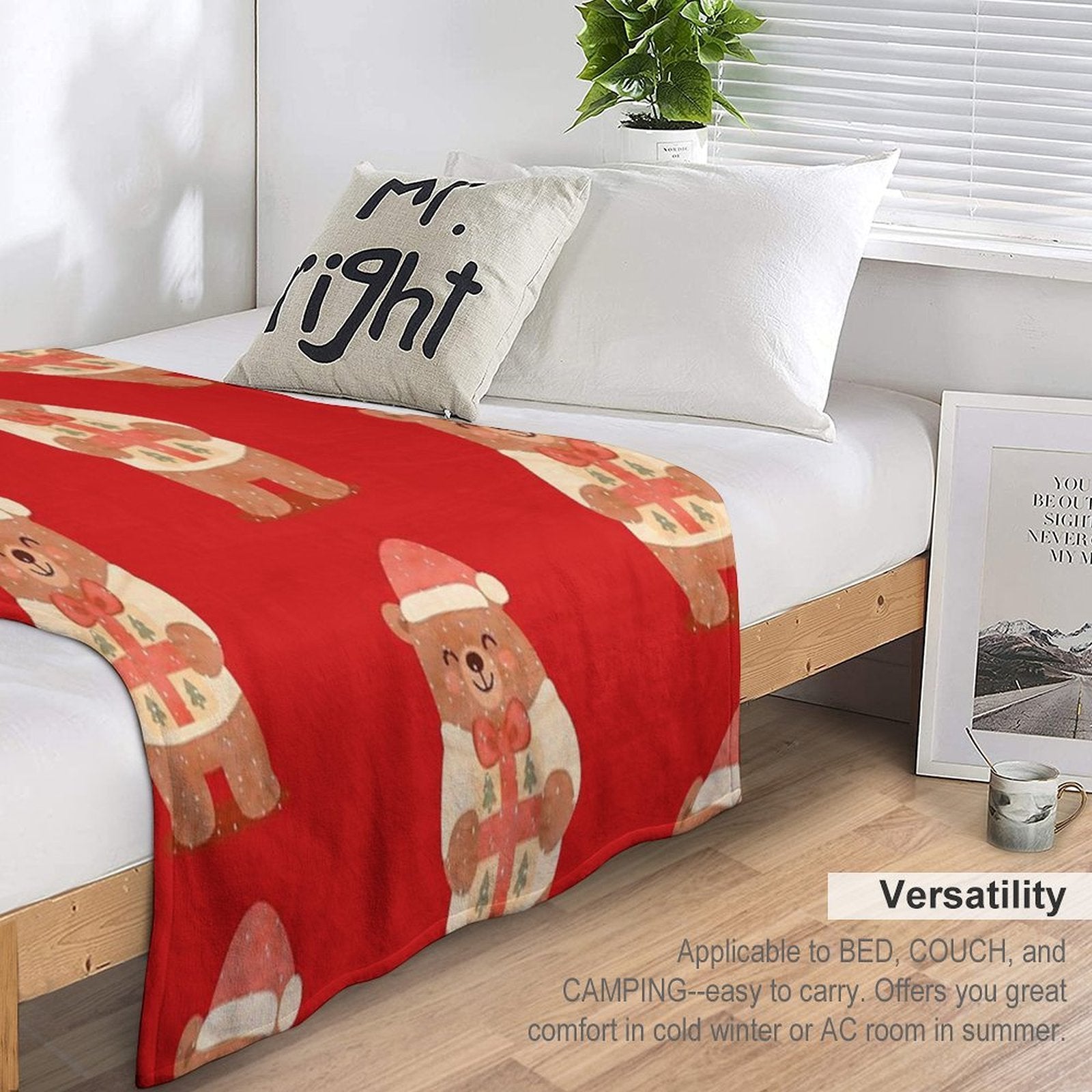 Cute Christmas Bear with Gift – Holiday Winter Illustration Eco-conscious Throw Blanket